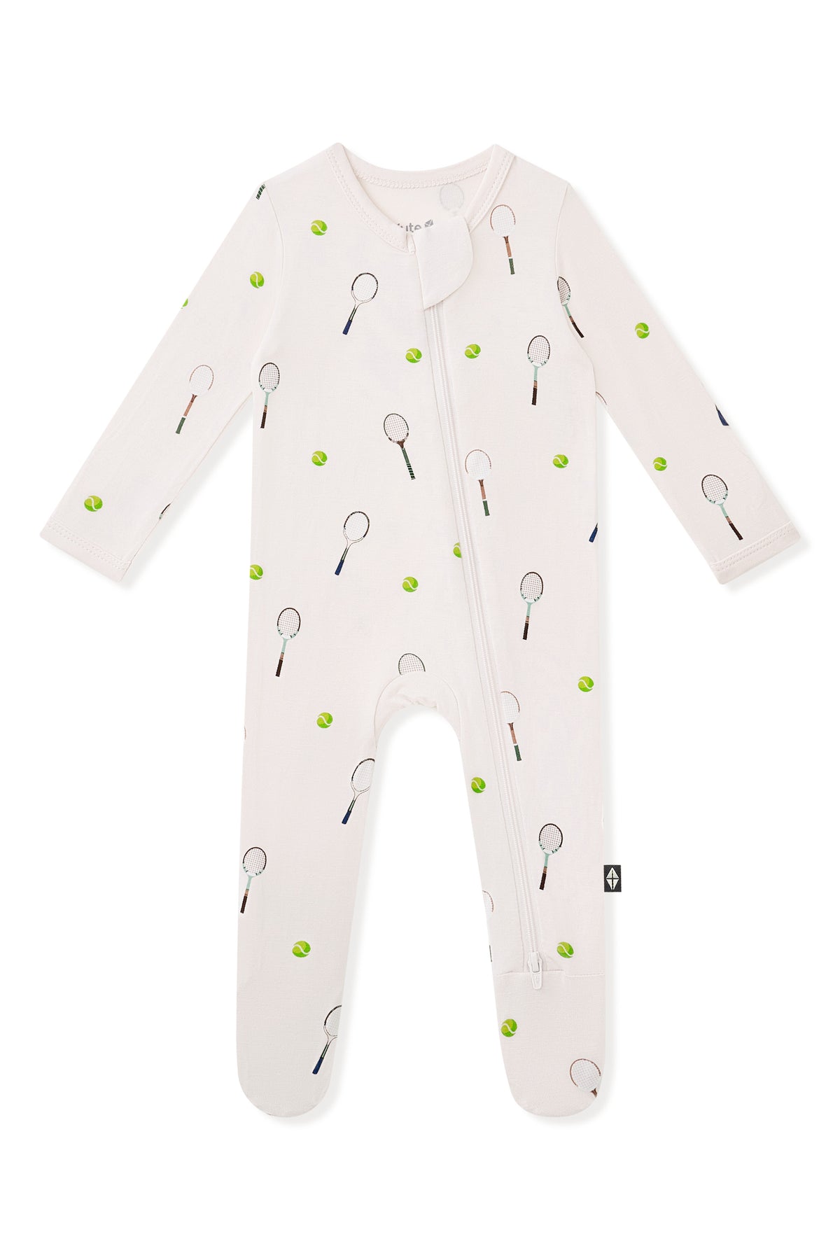 Zippered Footie in Tennis print on a white background
