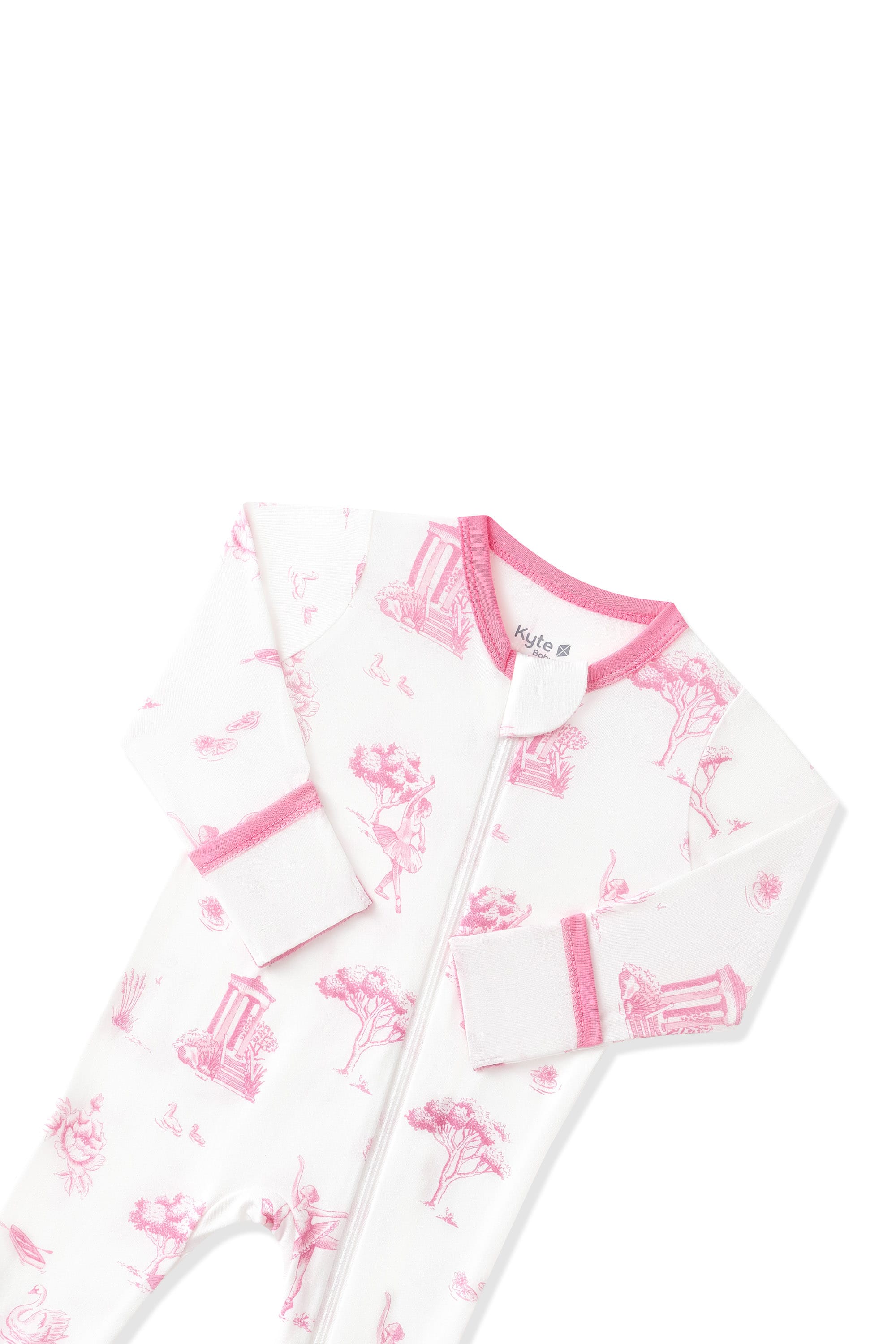 Close up of the zipper garage and fold over hand cuffs shown on the Zippered Footie in Toile Ballet