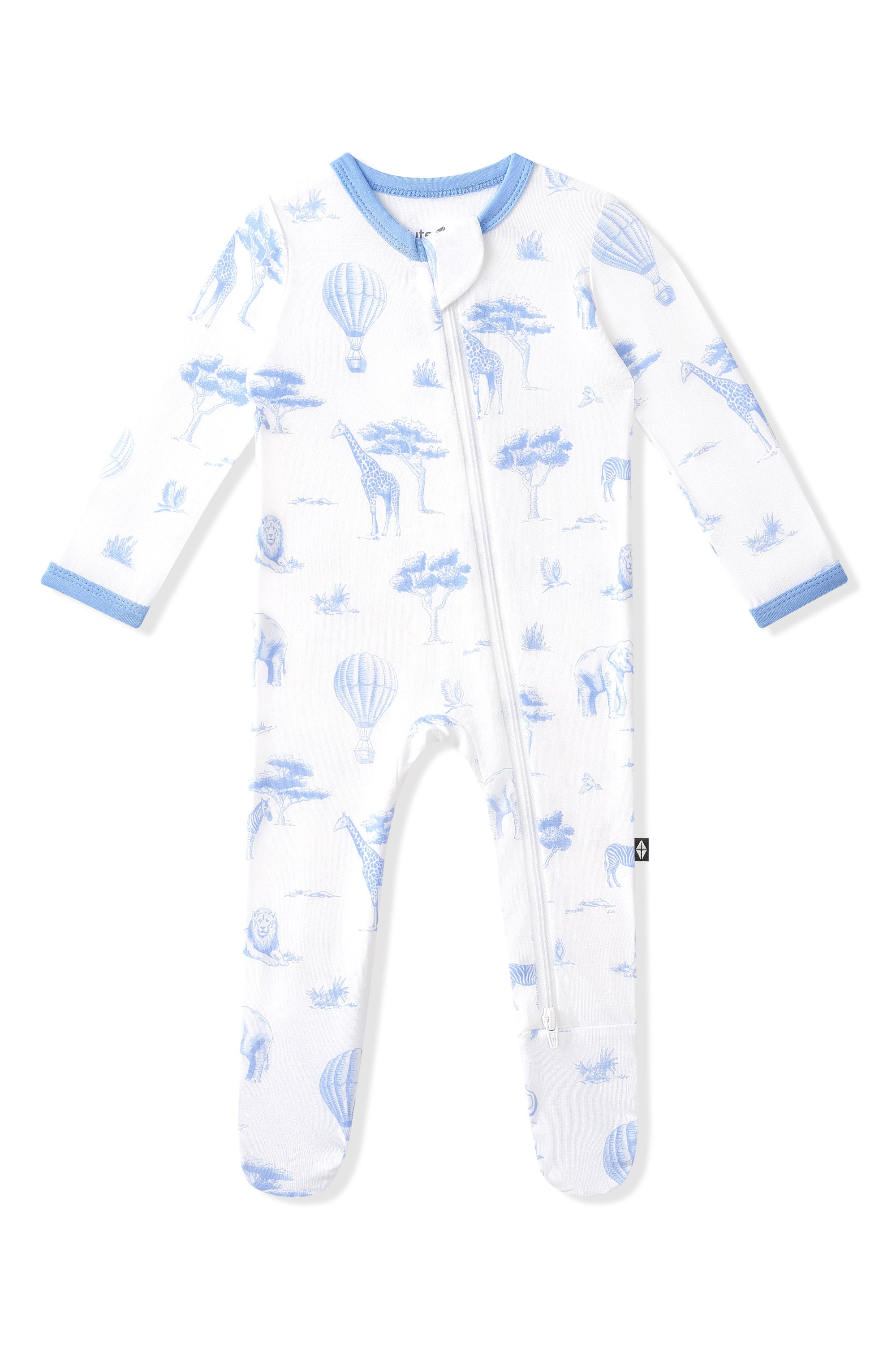 Product photo of the Zippered Footie in Toile Safari on a white surface