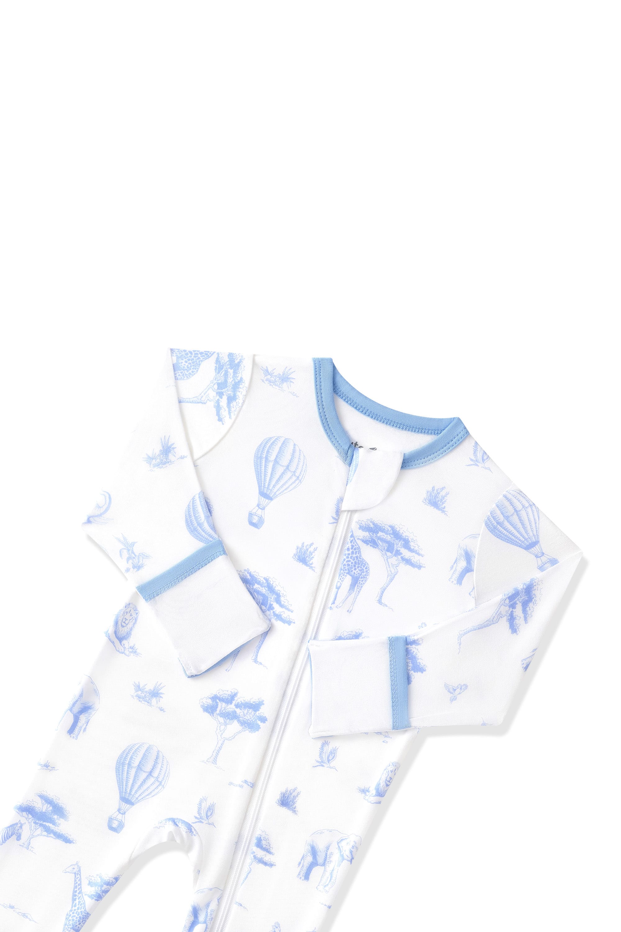 Close up of the zipper garage and fold over hand cuffs shown on the Zippered Footie in Toile Safari