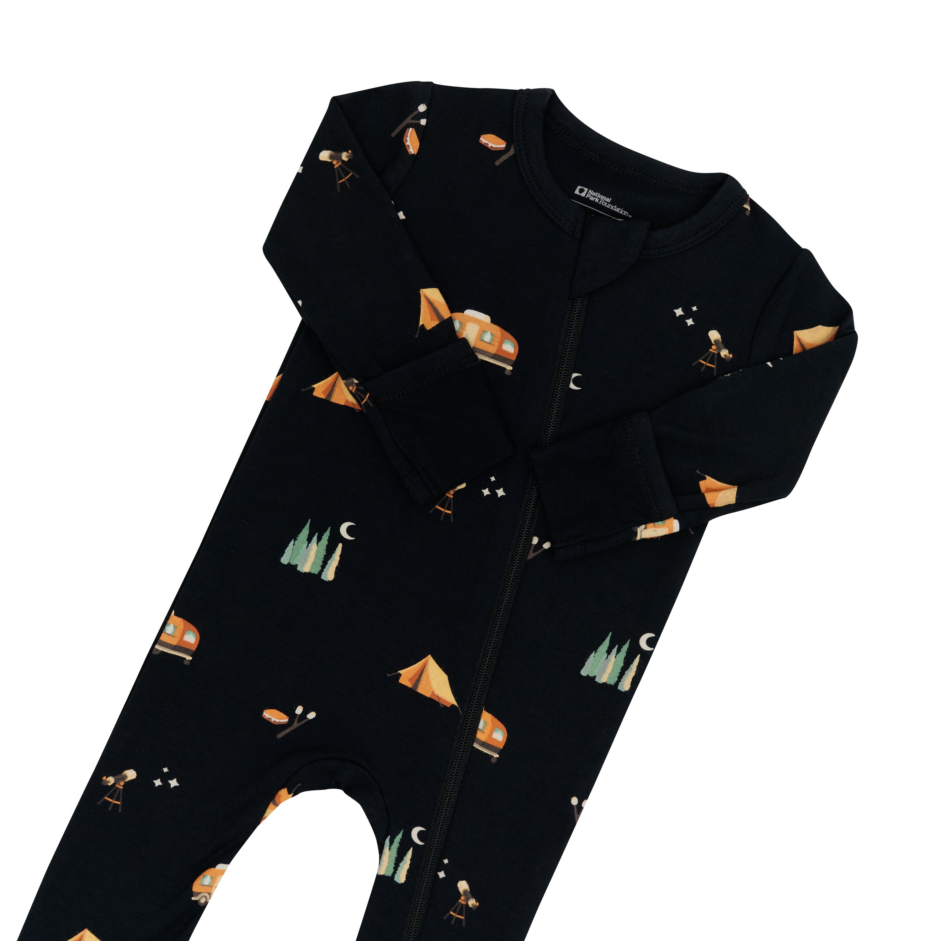 Zipper garage and fold over cuffs on the Zippered Footie pjs in Under the Stars