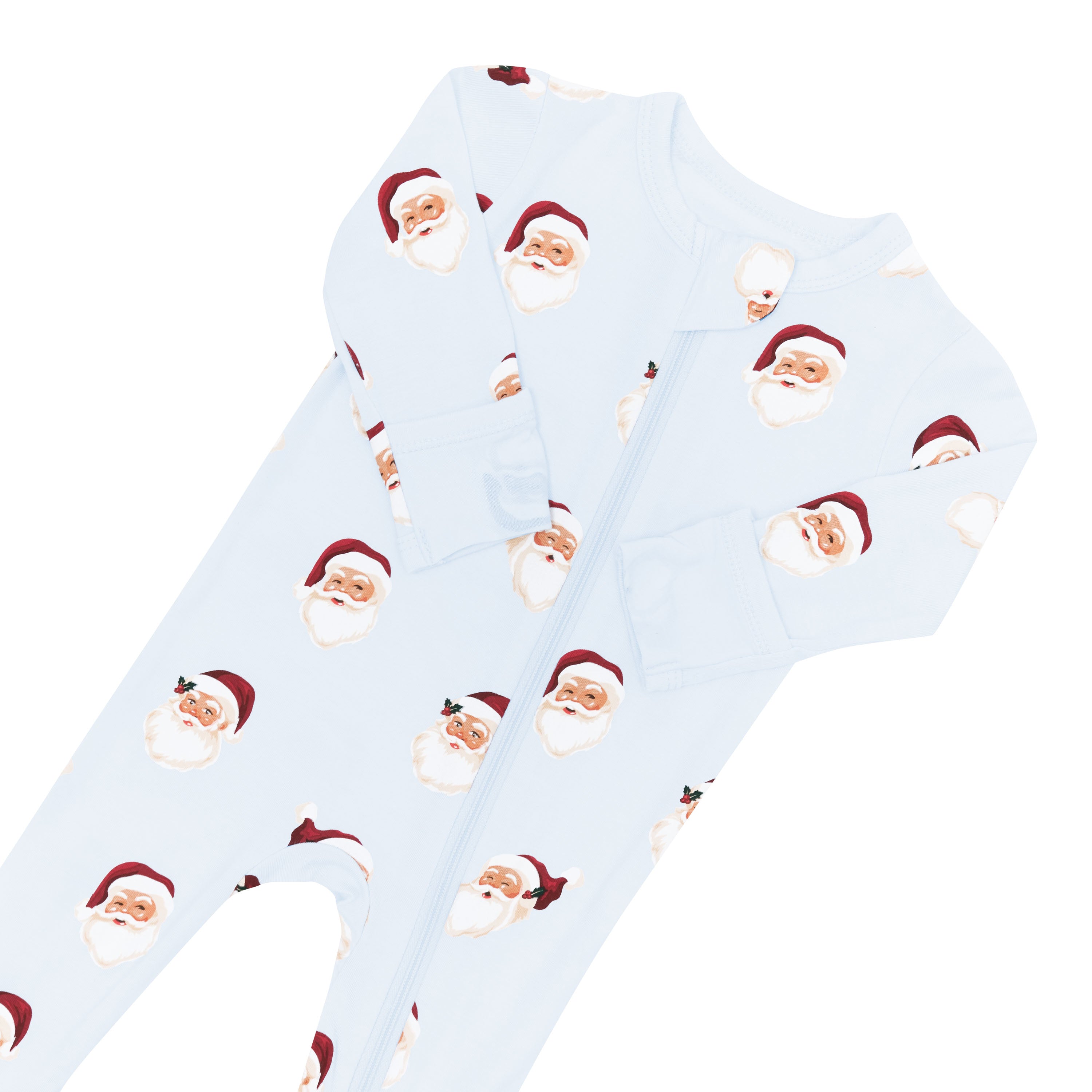 Close up of the zipper garage and fold over hand cuffs on the Zippered Footie in Vintage Santa