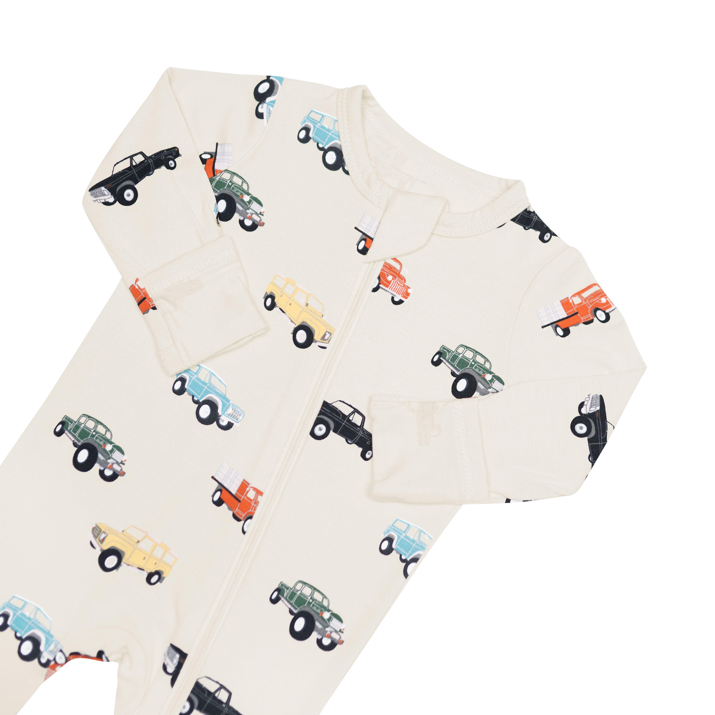 Zipper garage and fold over cuffs on the Zippered Footie in Vintage Truck