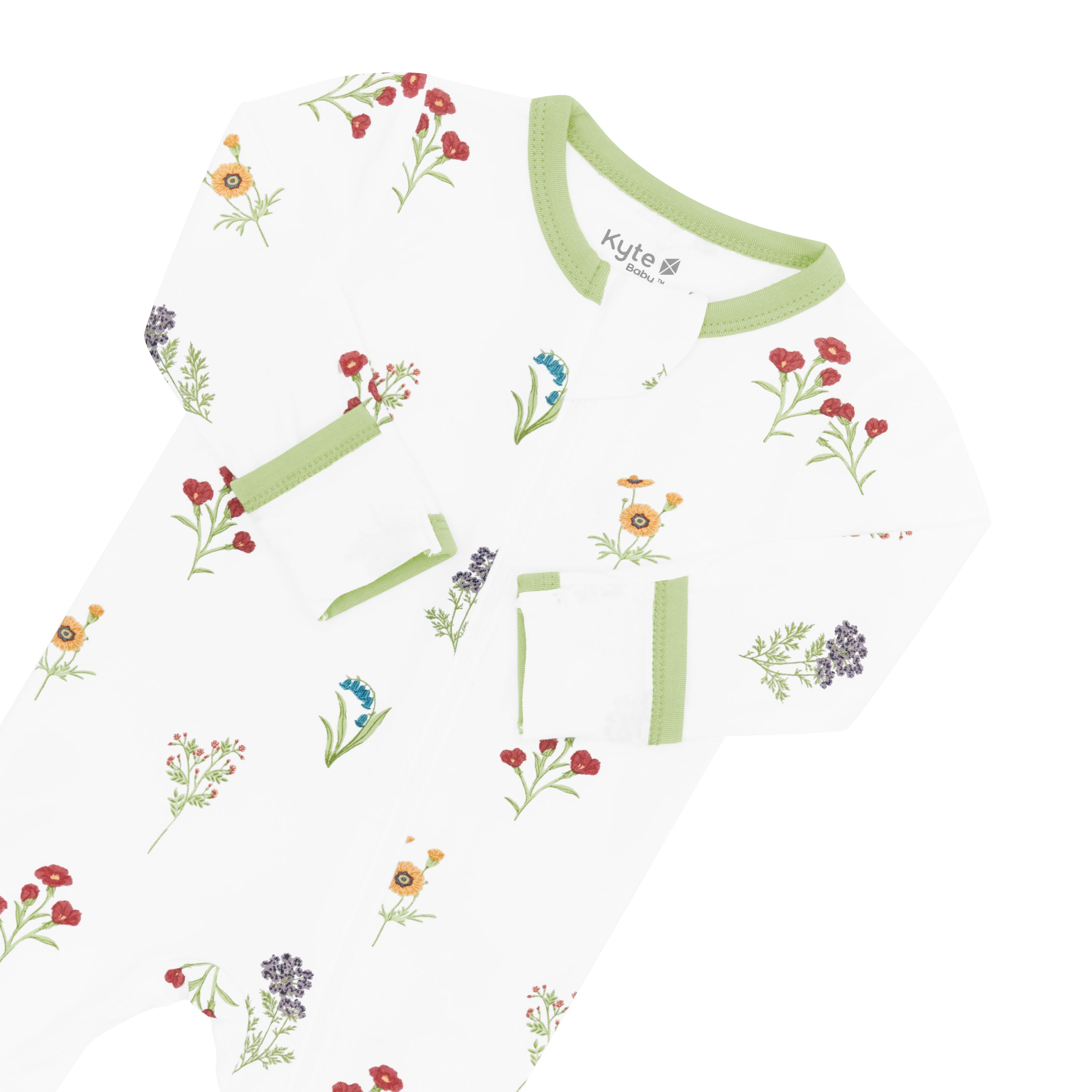 Zippered Footie in Wildflower close up on foldable cuffs and zipper garage