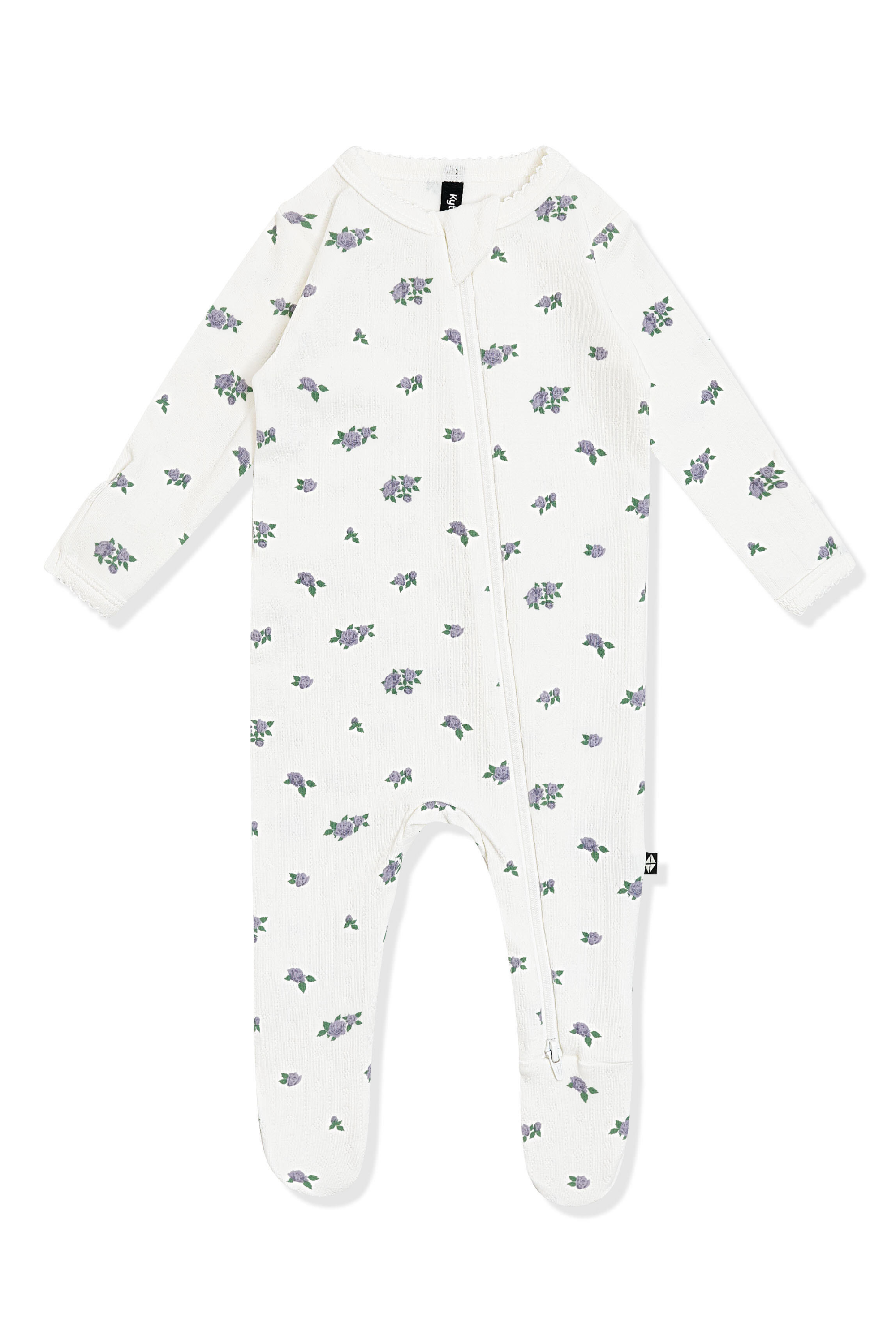 Pointelle Zippered Footie in Spray Rose with the picot trim on a white surface