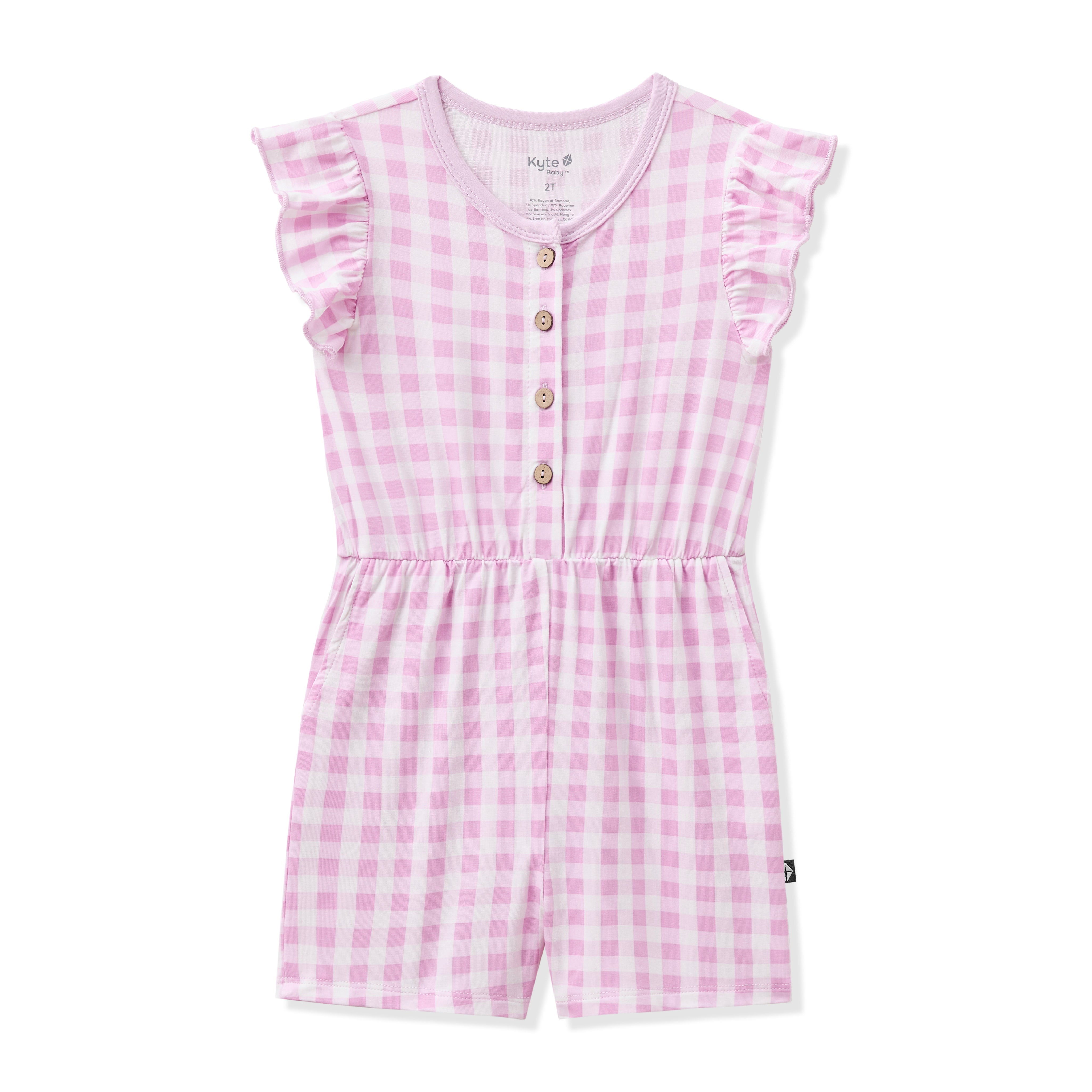Product photo of the Flutter Sleeve Romper in Gingham Thistle