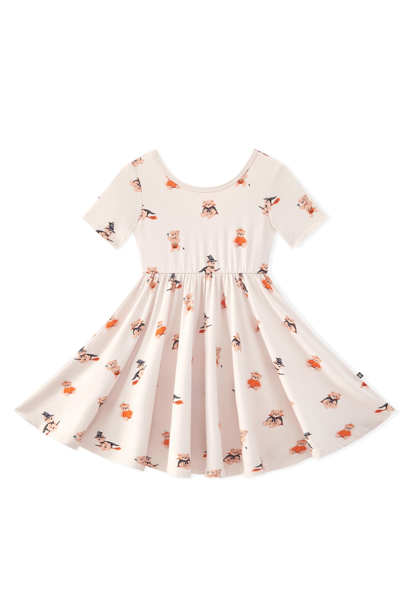Beige Twirl Dress in Halloween Teddy print on a white background