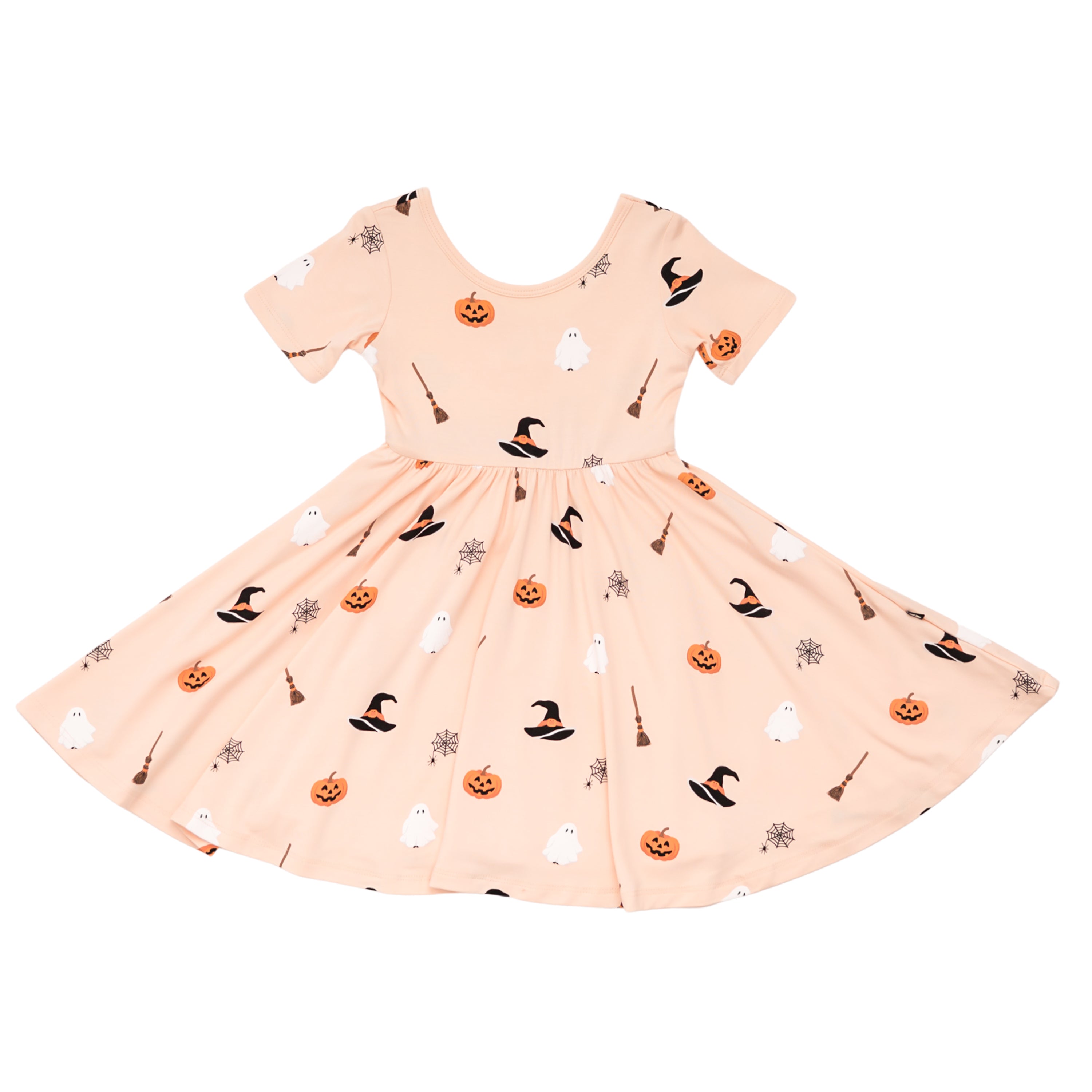 Light orange Kyte Baby twirl dress with Halloween-themed patterns on a white background