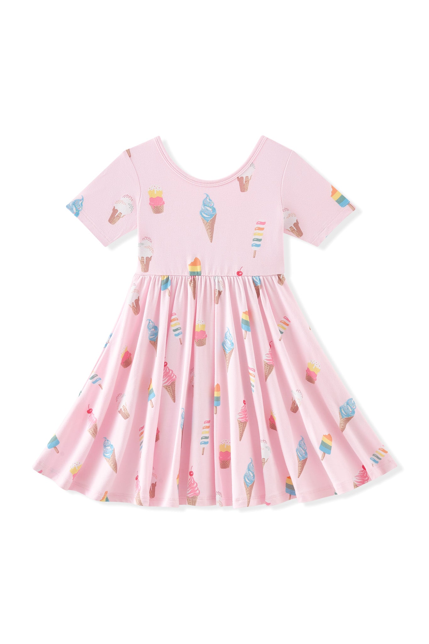 Pink Twirl Dress with Ice Cream print on white background