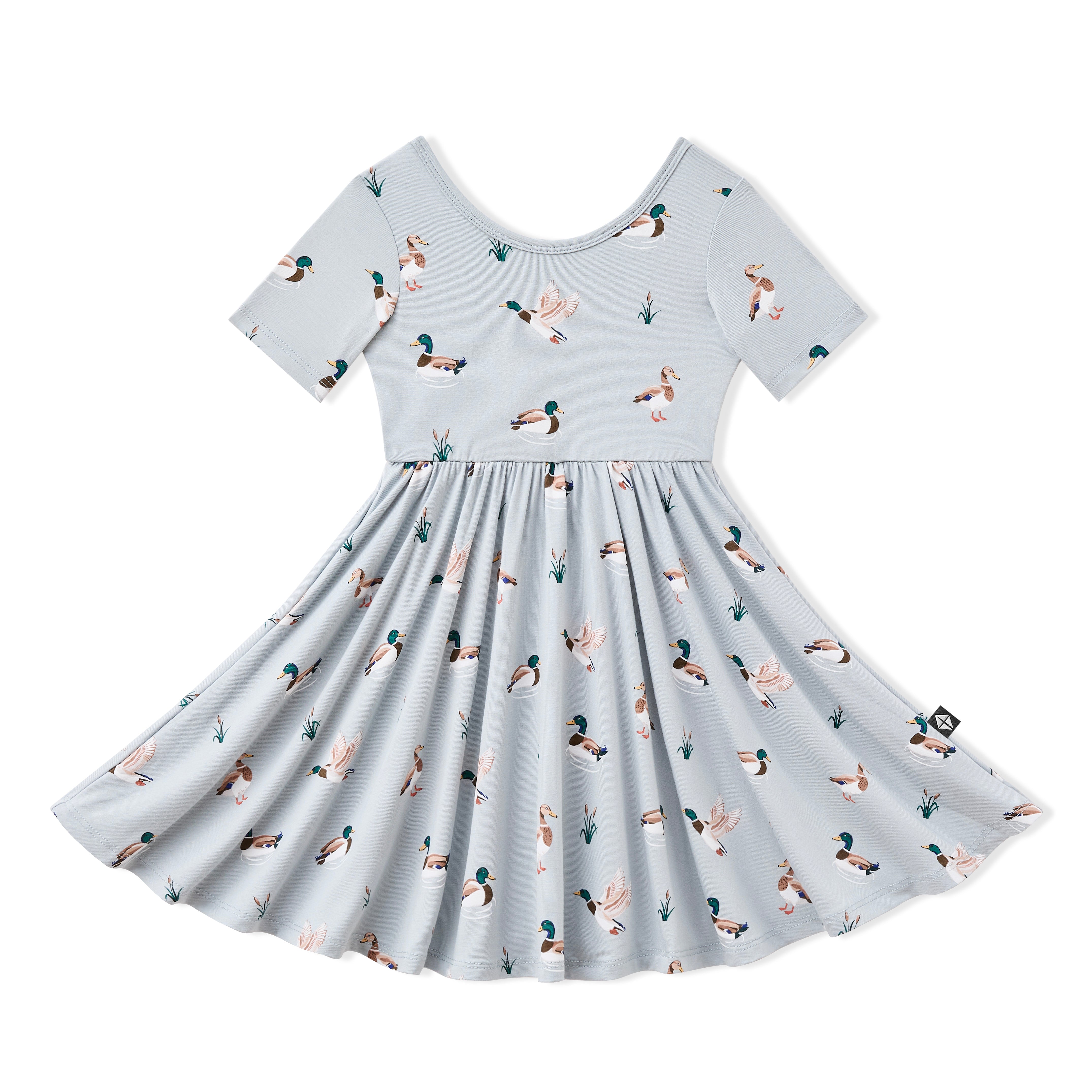 Product photo of the Twirl Dress in Mallard Duck on a white background