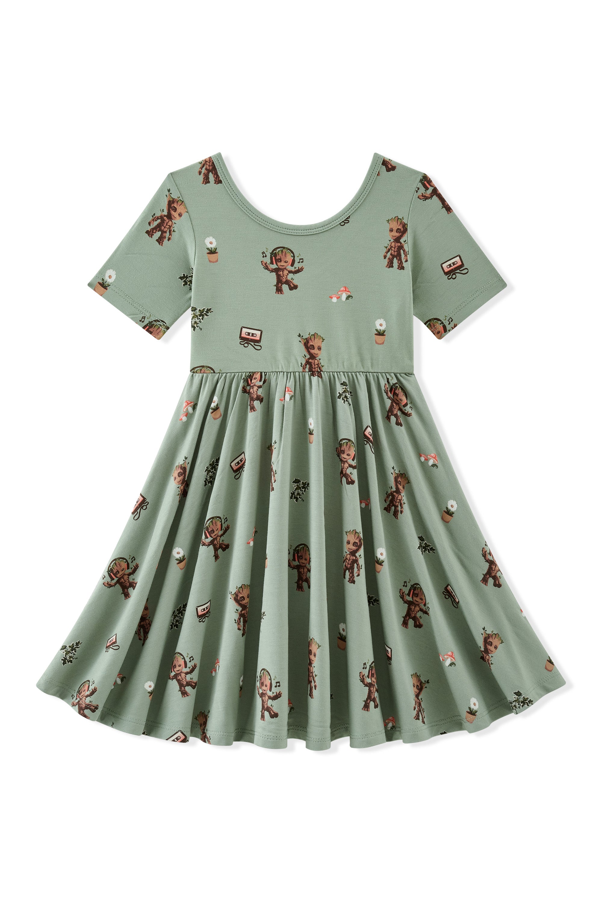 Green Twirl Dress in Groot print on white background