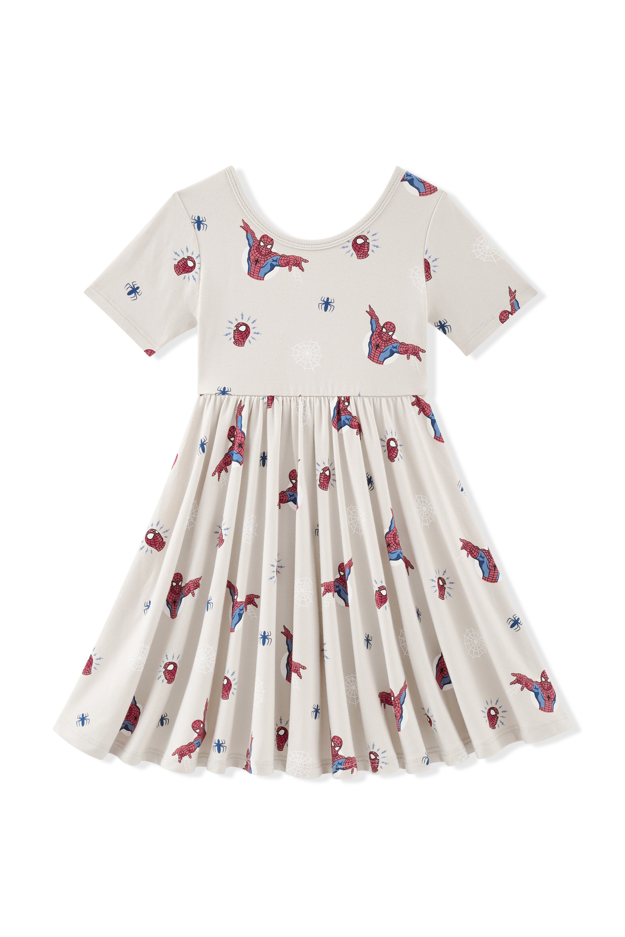 Oat Twirl Dress with Spider-Man print on a white background