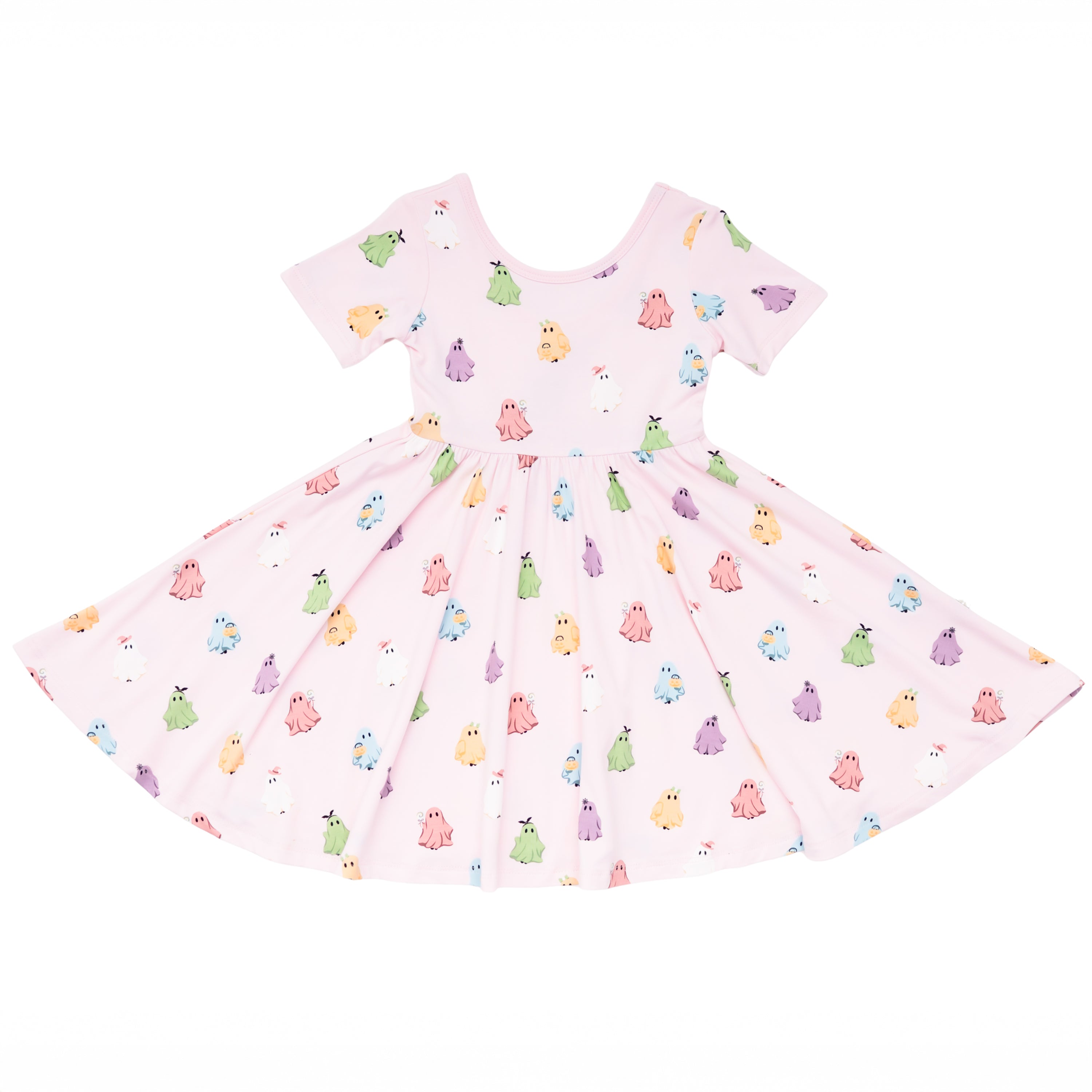 Pink Kyte Baby twirl dress with colorful ghost pattern on a white background