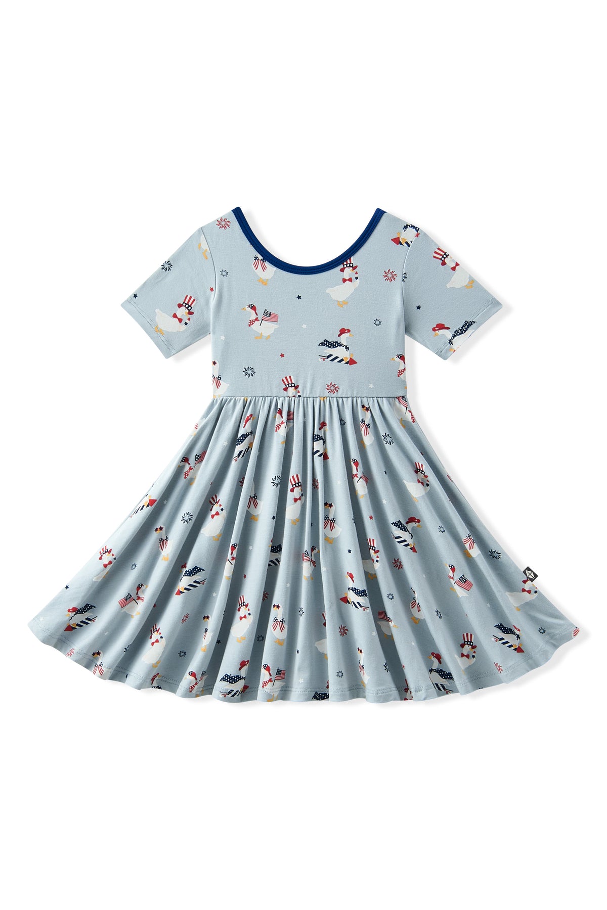 Light blue Twirl Dress in Patriotic Goose print on a white background