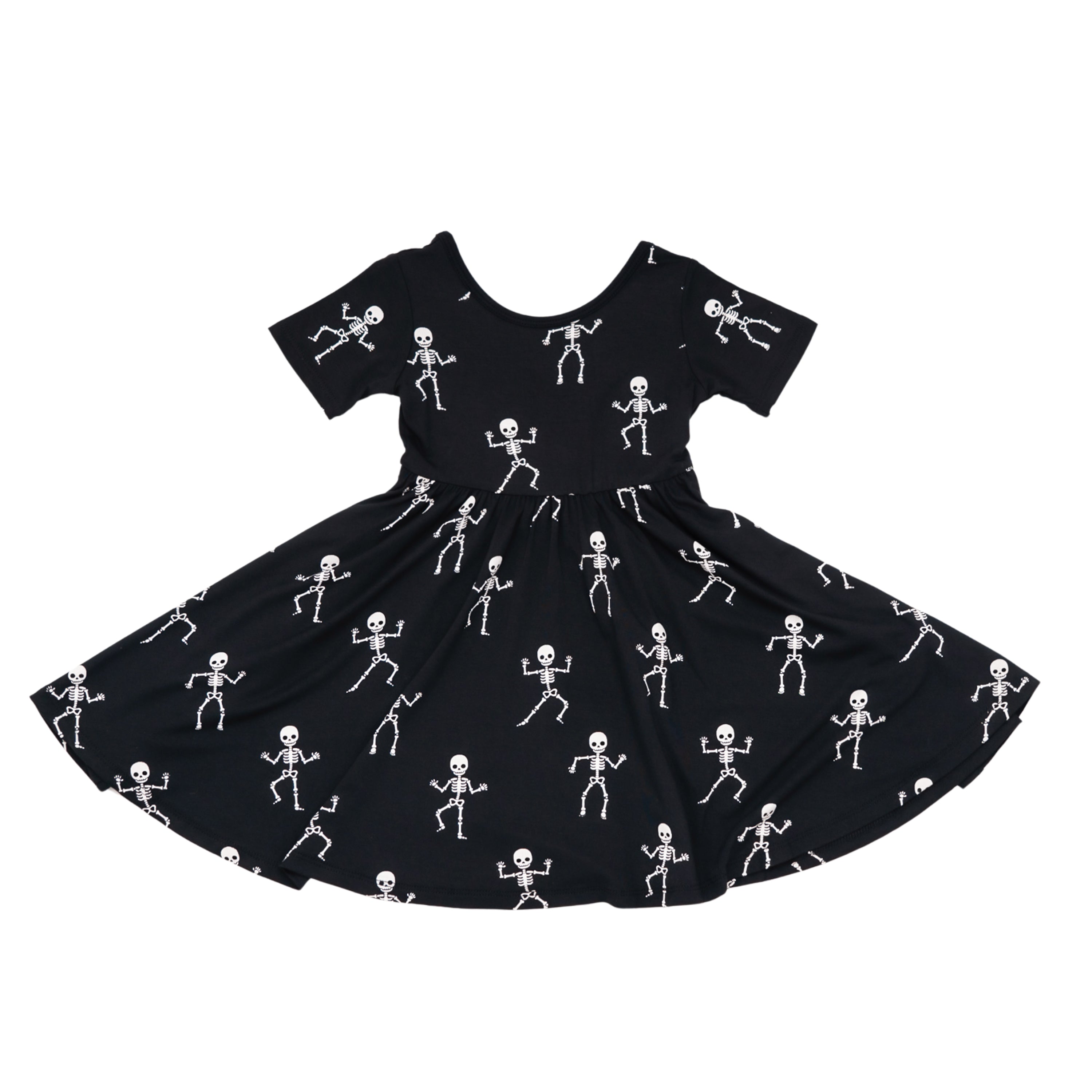 Black Kyte Baby twirl dress with skeleton patterns on a white background