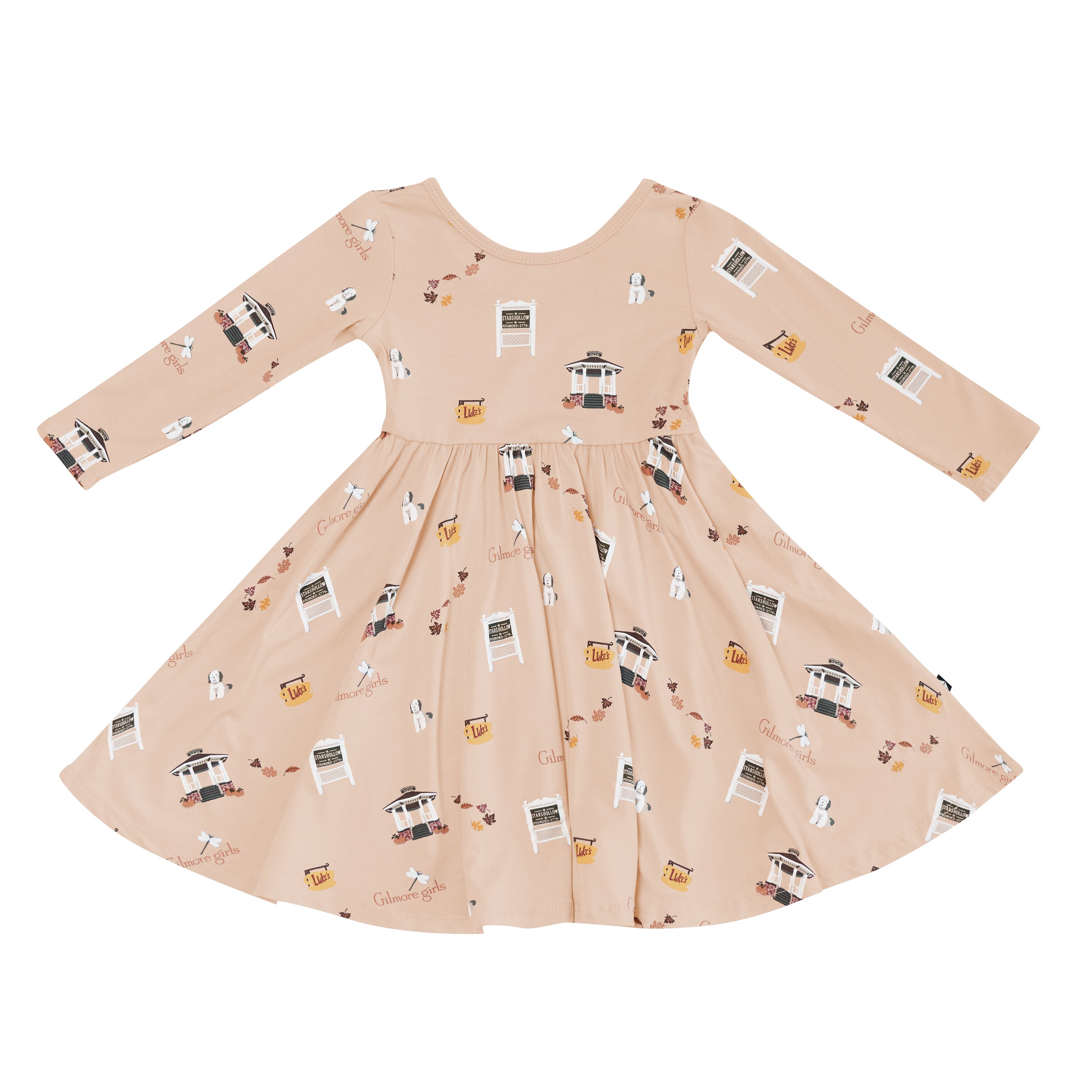 Beige dress with Gilmore Girls pattern on a white background