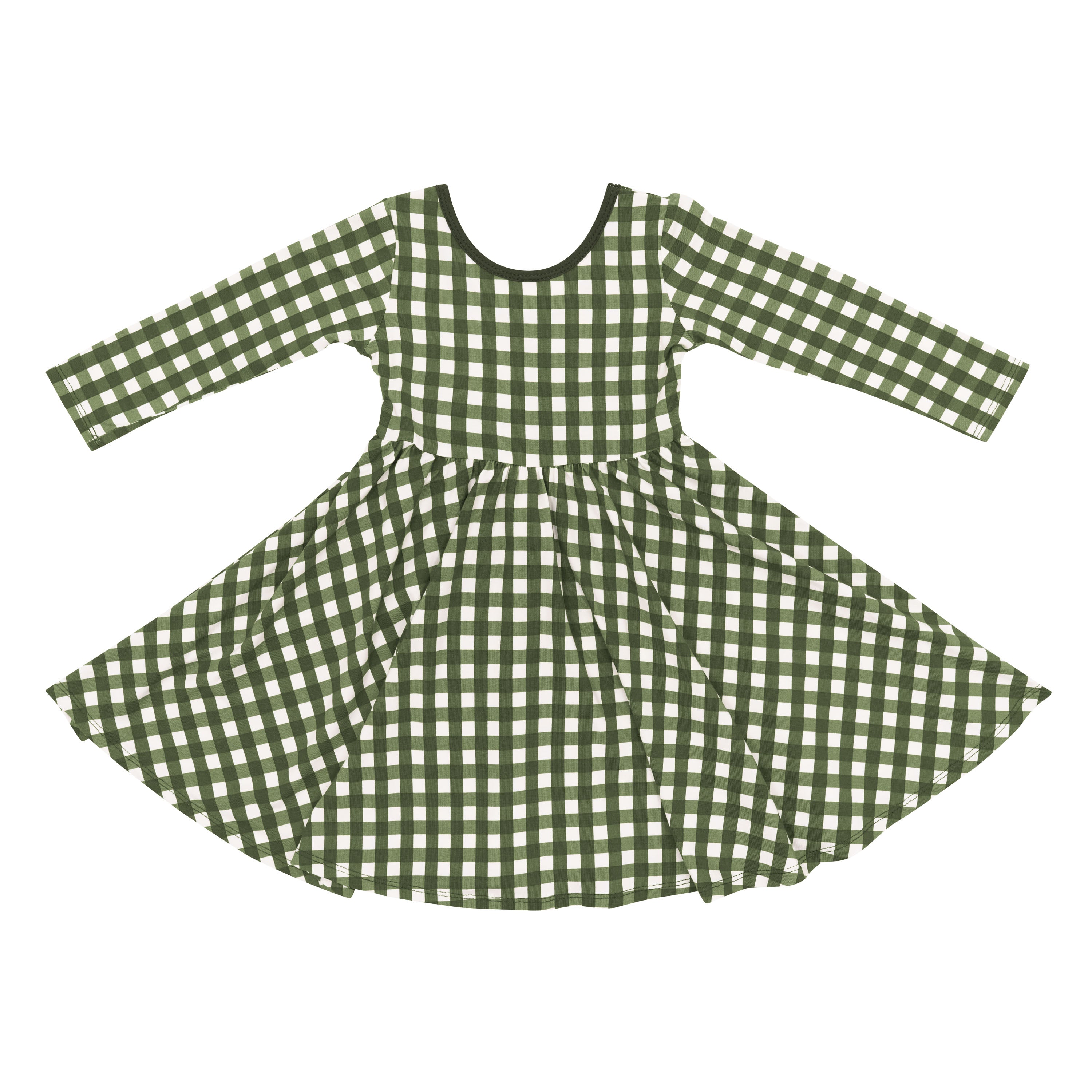 Product photo of the Long Sleeve Twirl Dress in Gingham Fir