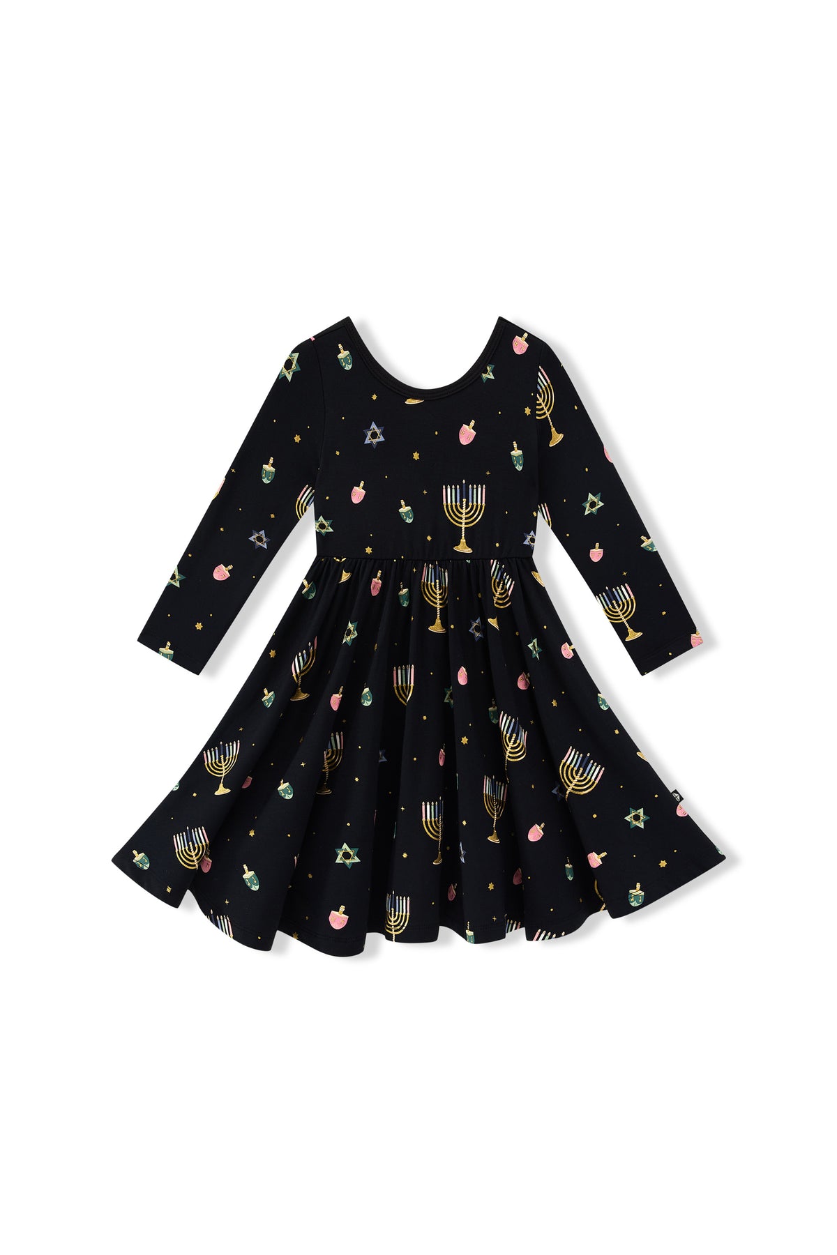 Black Long Sleeve Twirl Dress in Hanukkah Nights print on a white background