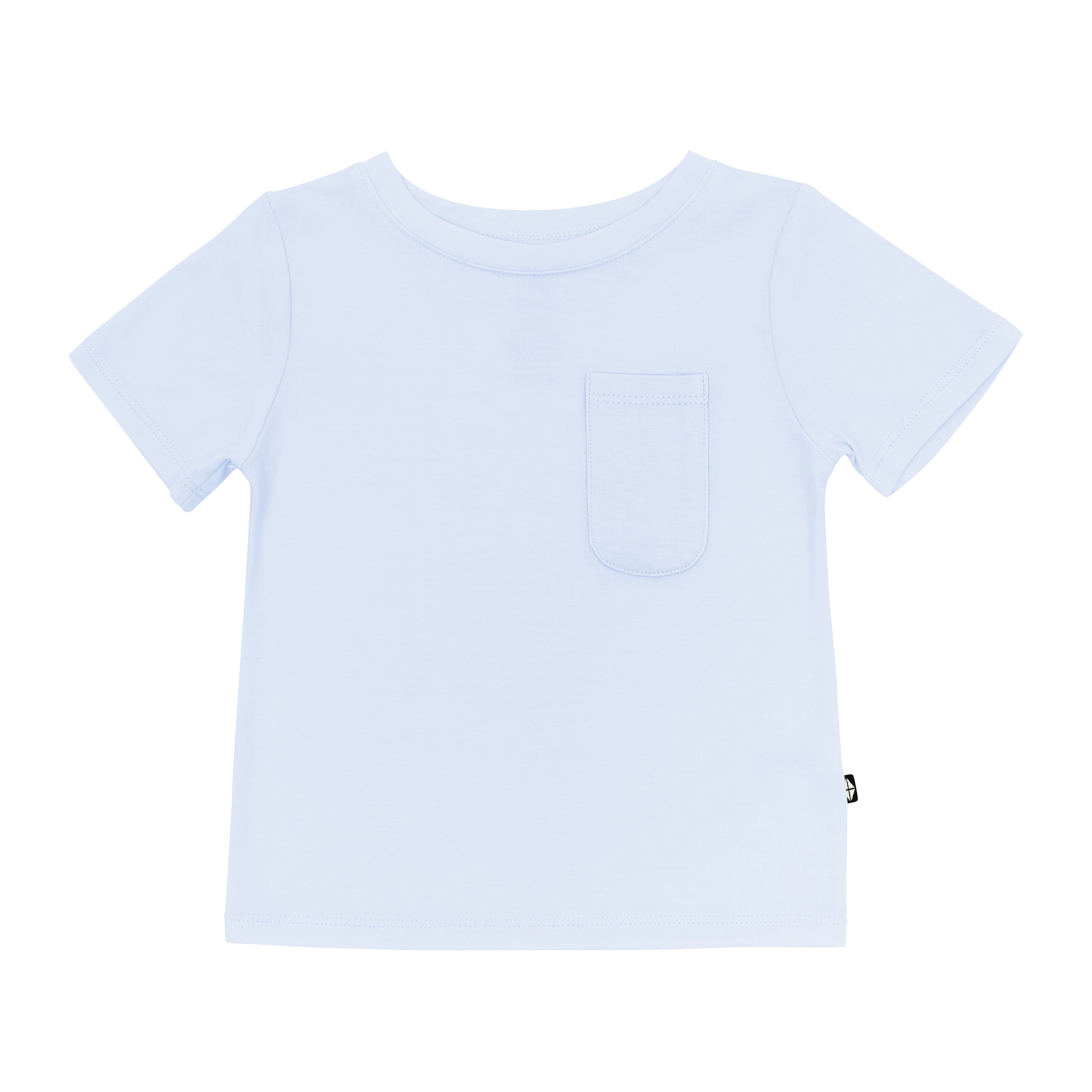 The front of Kyte Baby's Toddler Crew Neck Tee in Mist showing pocket detail