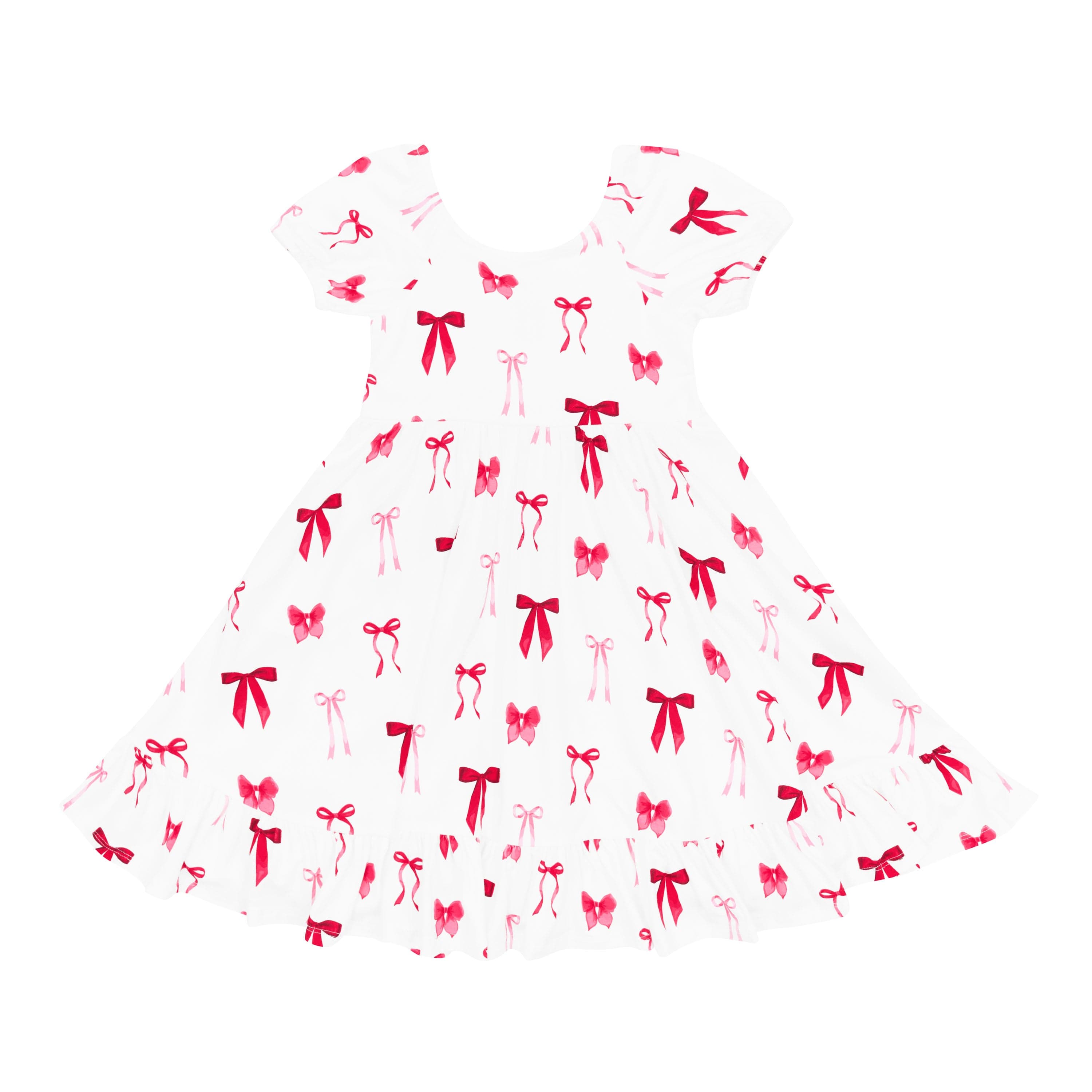 Product photo of the soft and breathable Puff Sleeve Twirl Dress in Small Love Bow