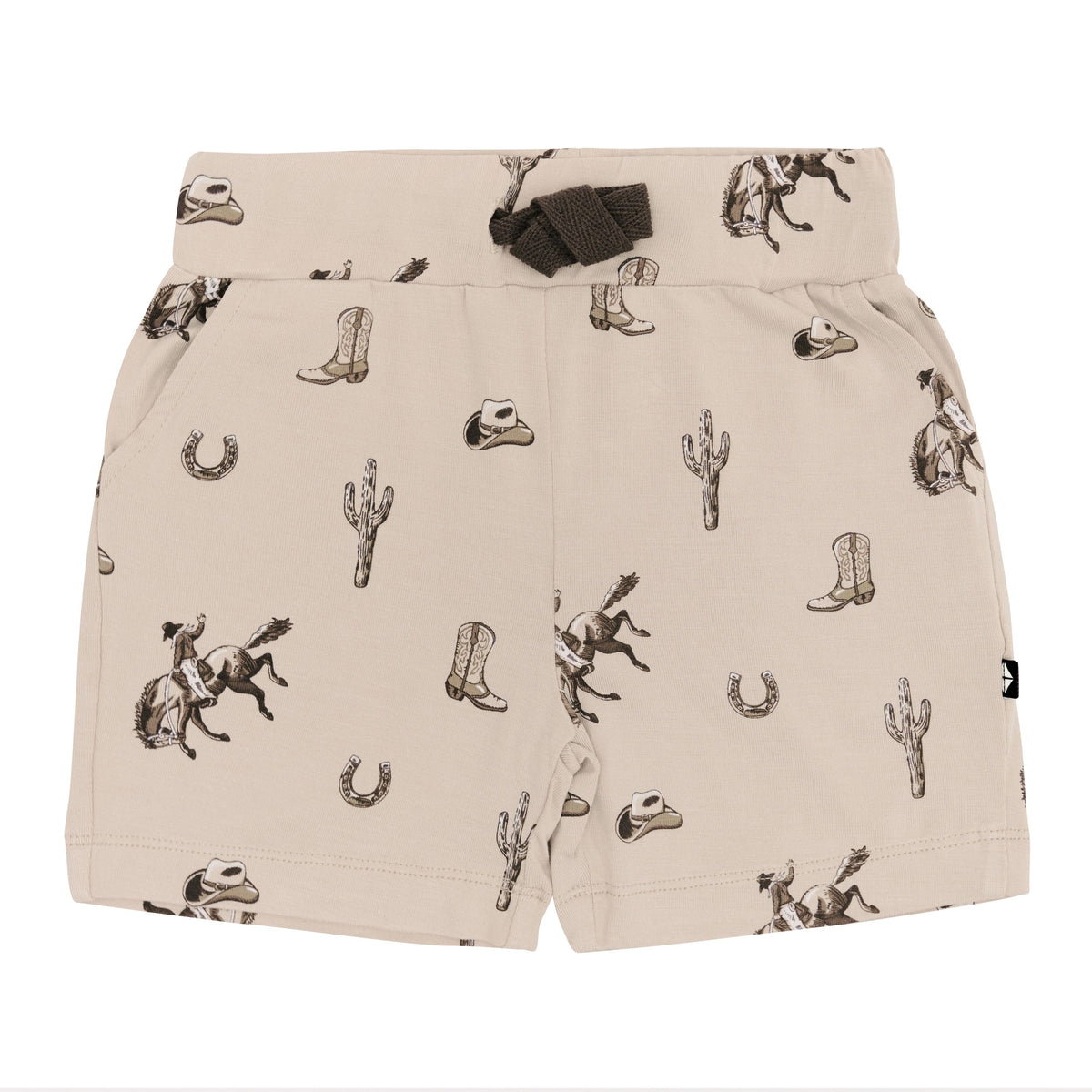 Product photo of the Drawstring Short in Classic Cowboy showing the dark brown drawstring tie