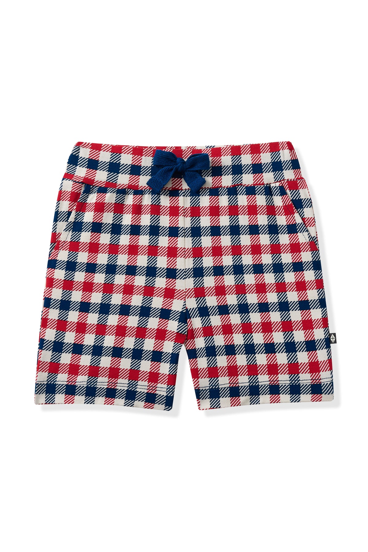 Drawstring Short with red blue and white Patriotic Gingham check print
on a white background