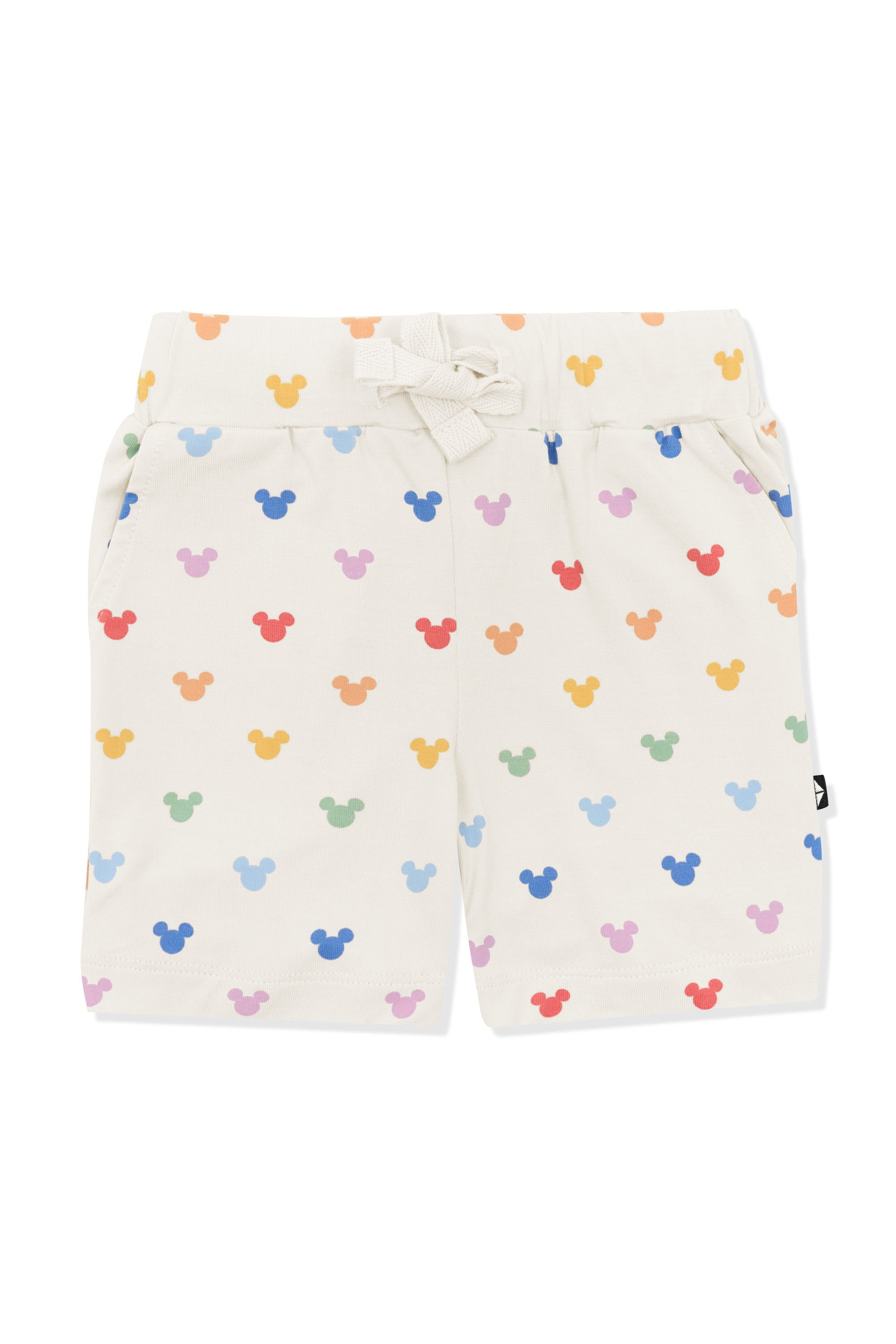 Drawstring short with pastel mickey mouse pattern on an oat background