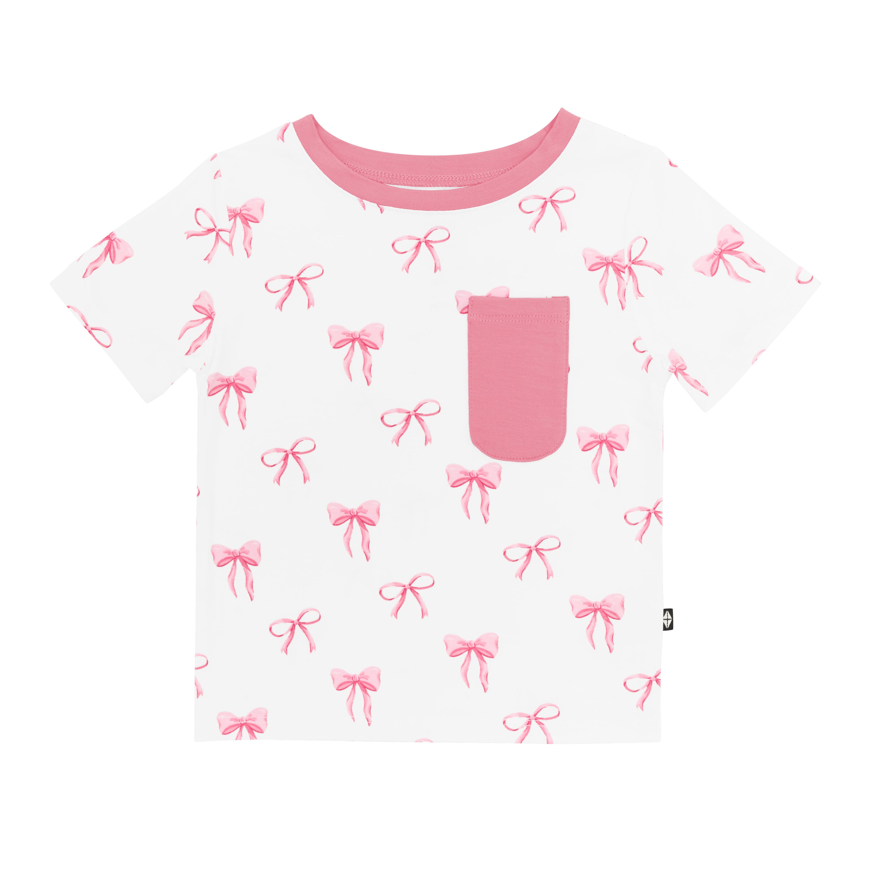 Kyte Baby's Toddler Crew Neck Tee in Bow with Apple Blossom colored pocket