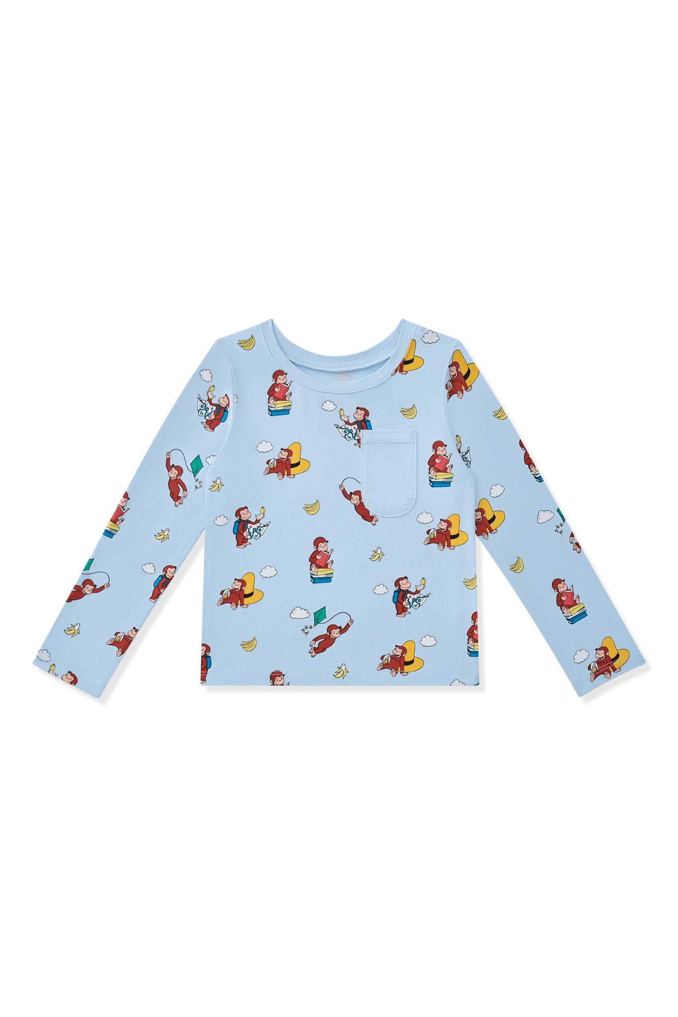 Blue Long Sleeve Toddler Crew Neck Tee in Curious George print on a white background