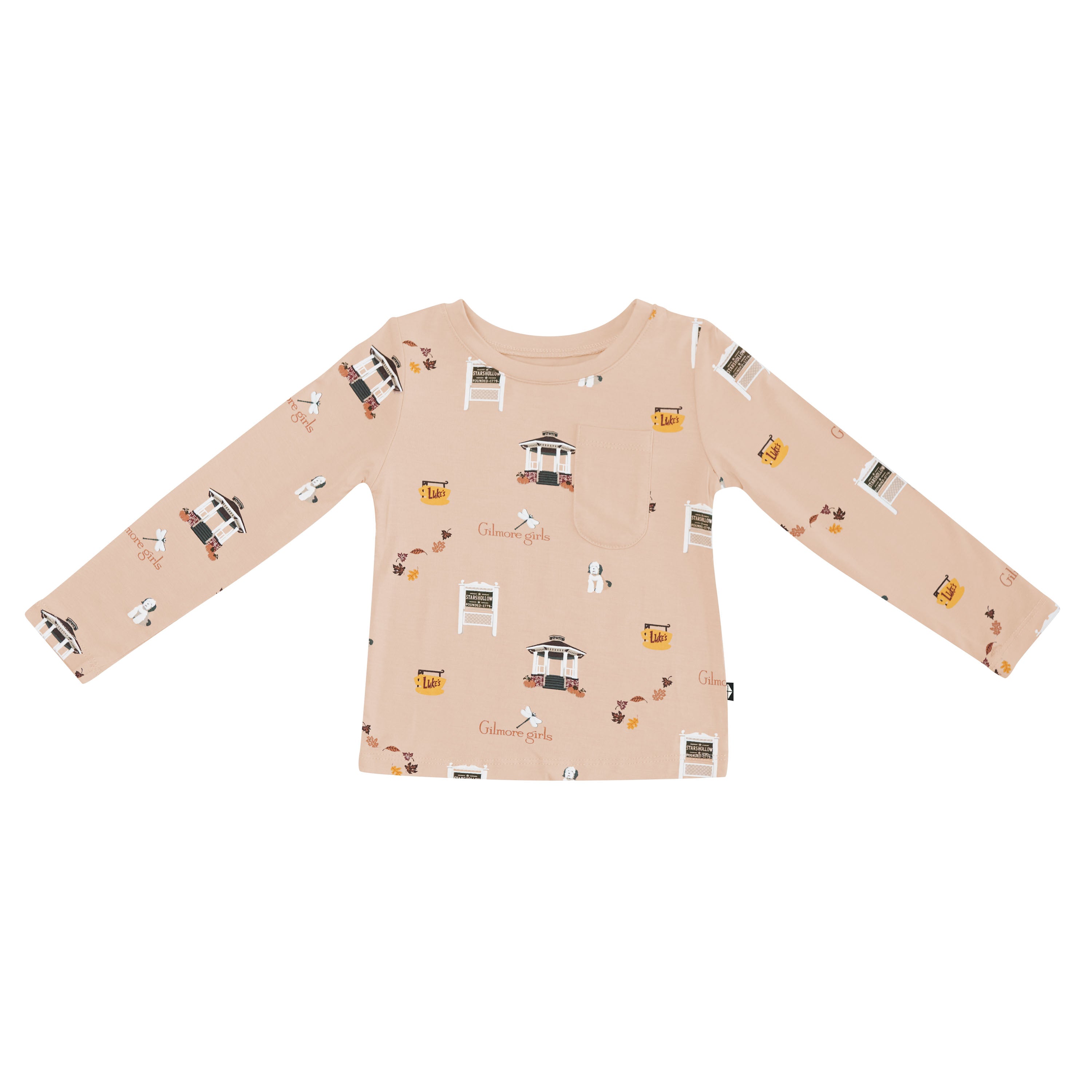 Beige long-sleeve shirt with Gilmore Girls pattern on a white background