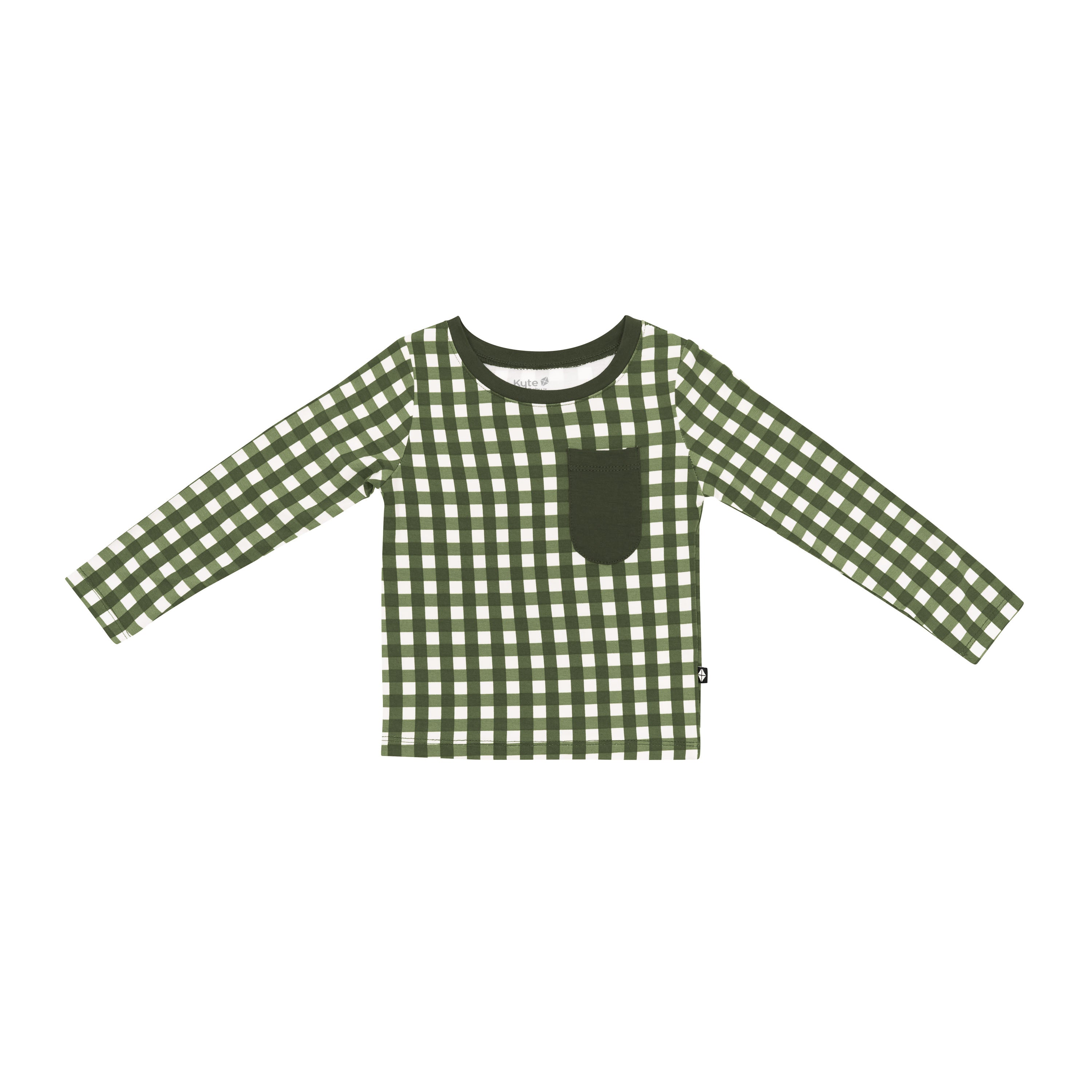 Product photo of the Long Sleeve Toddler Crew Neck Tee in Gingham Fir with the Fir colored pocket shown
