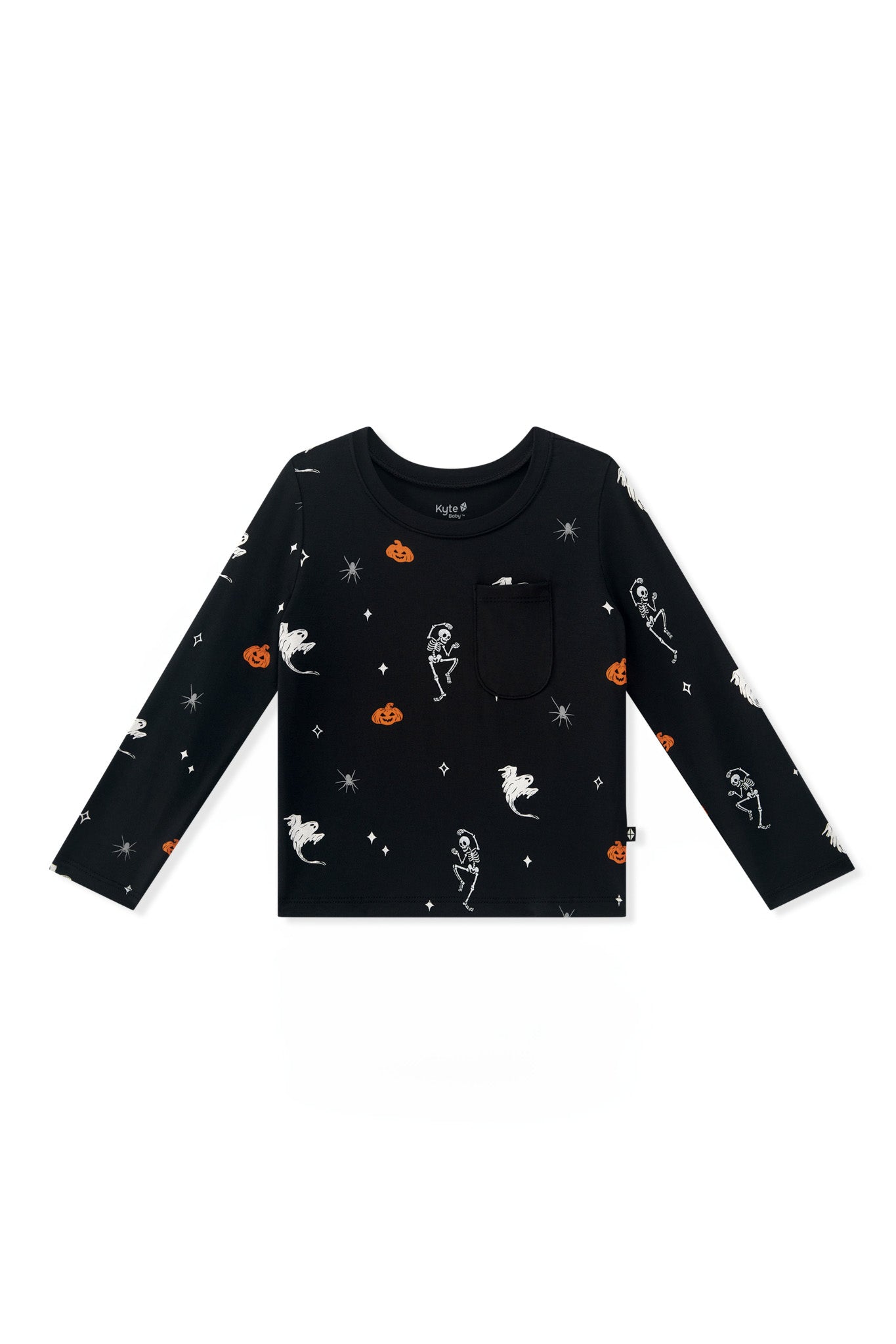 Black Long Sleeve Toddler Crew Neck Tee in Halloween Friends print on a white background