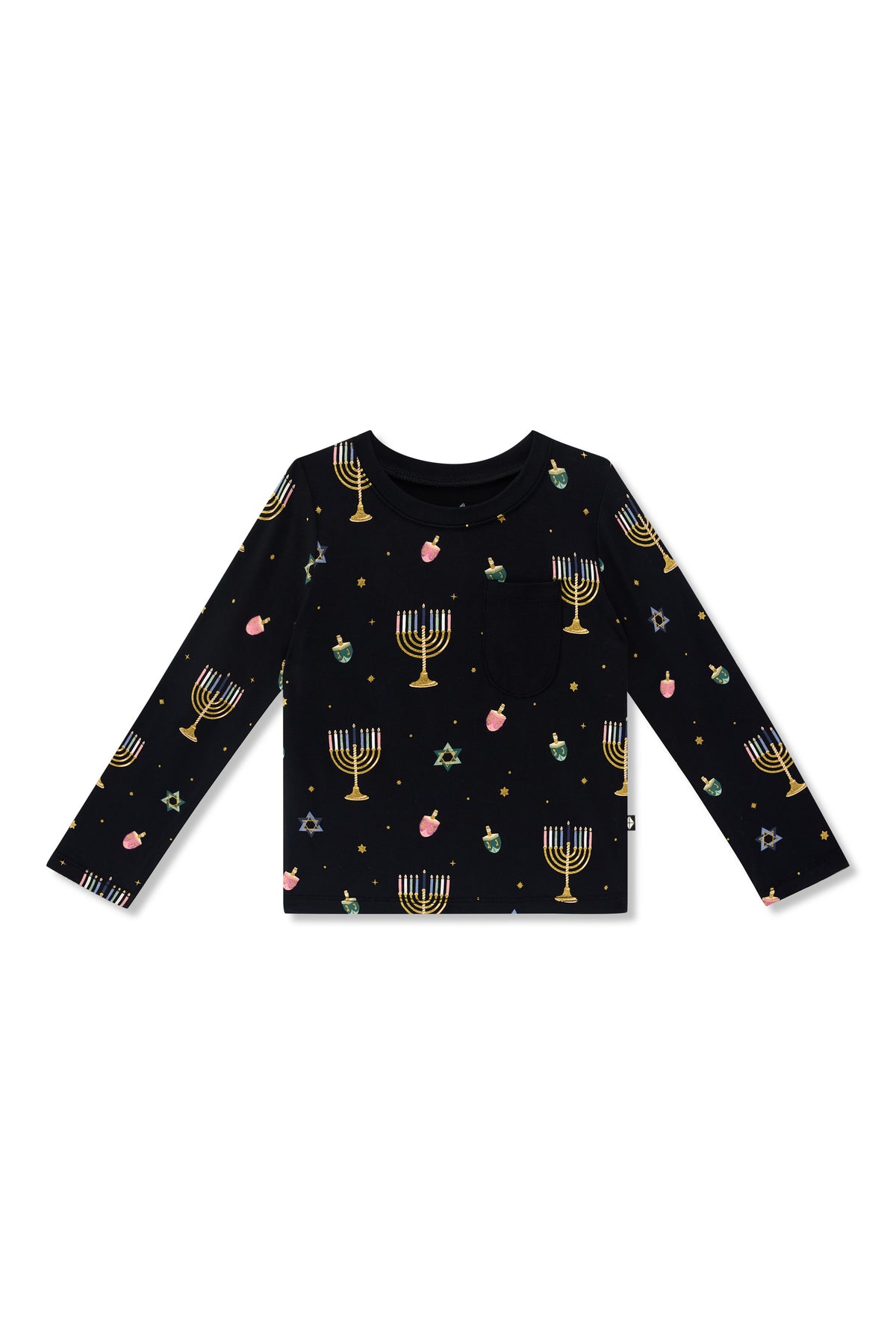 Black Long Sleeve Toddler Crew Neck Tee in Hanukkah Nights print on a white background