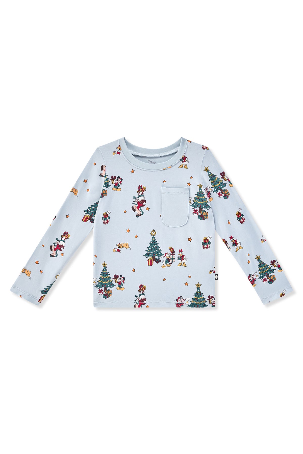 Long Sleeve Toddler Crew Neck Tee in Mickey & Friends Christmas print on a white background
