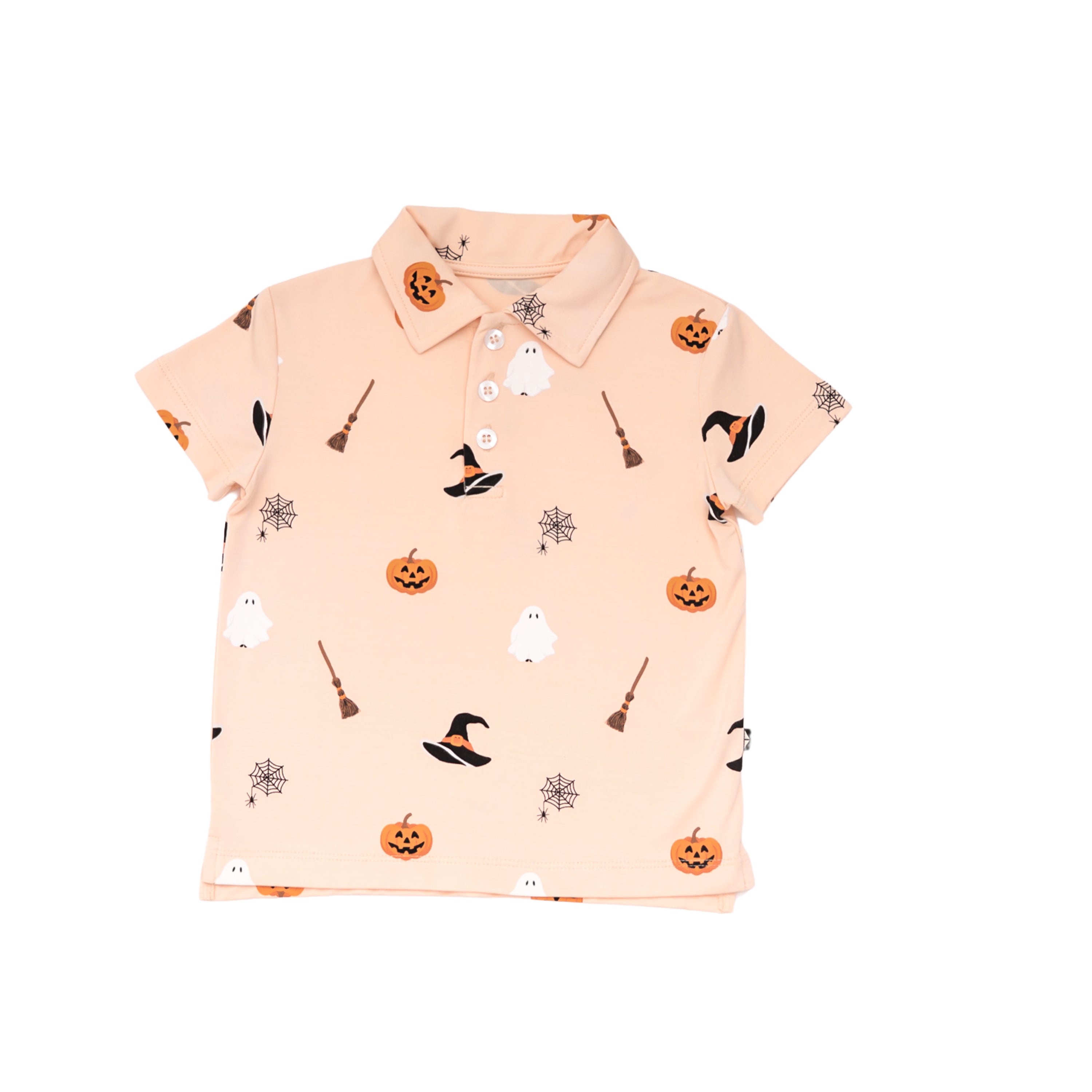 Children's Halloween-themed polo peach colored shirt with pumpkins, ghosts, and brooms.