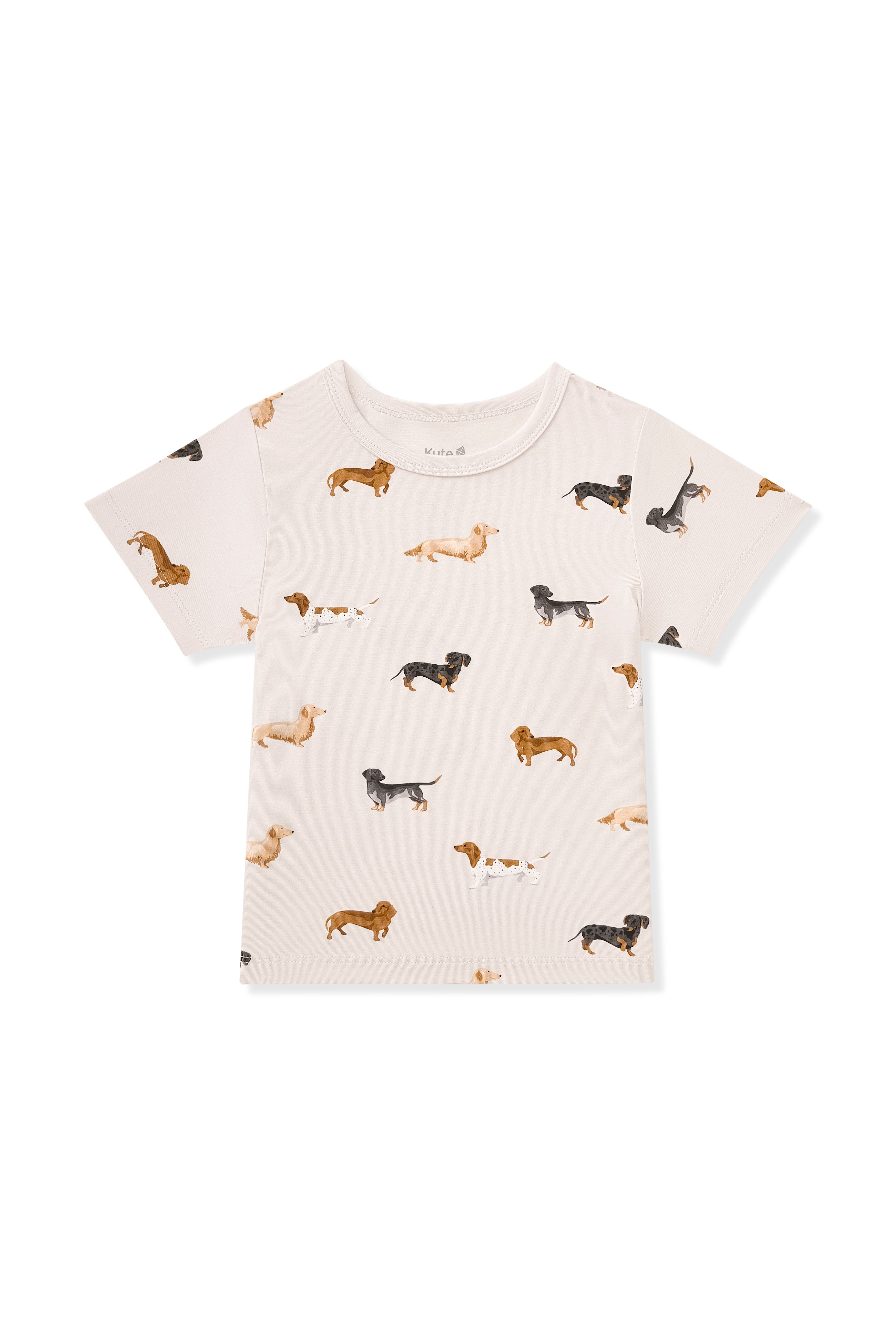 Beige Toddler Basic Tee in Dachshund print on a white background