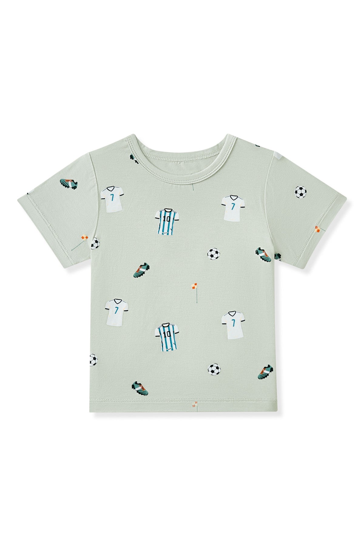 Toddler Basic Tee in Soccer print on white background