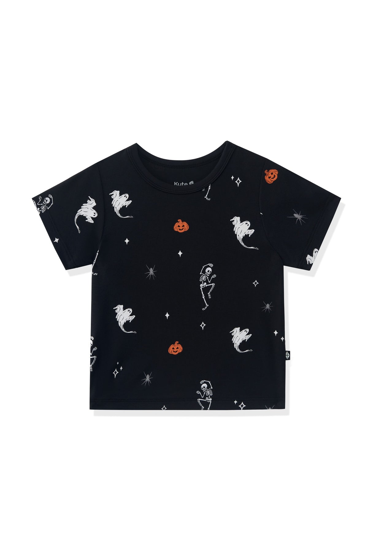 Black Toddler Basic Tee in Halloween Friends print on a white background