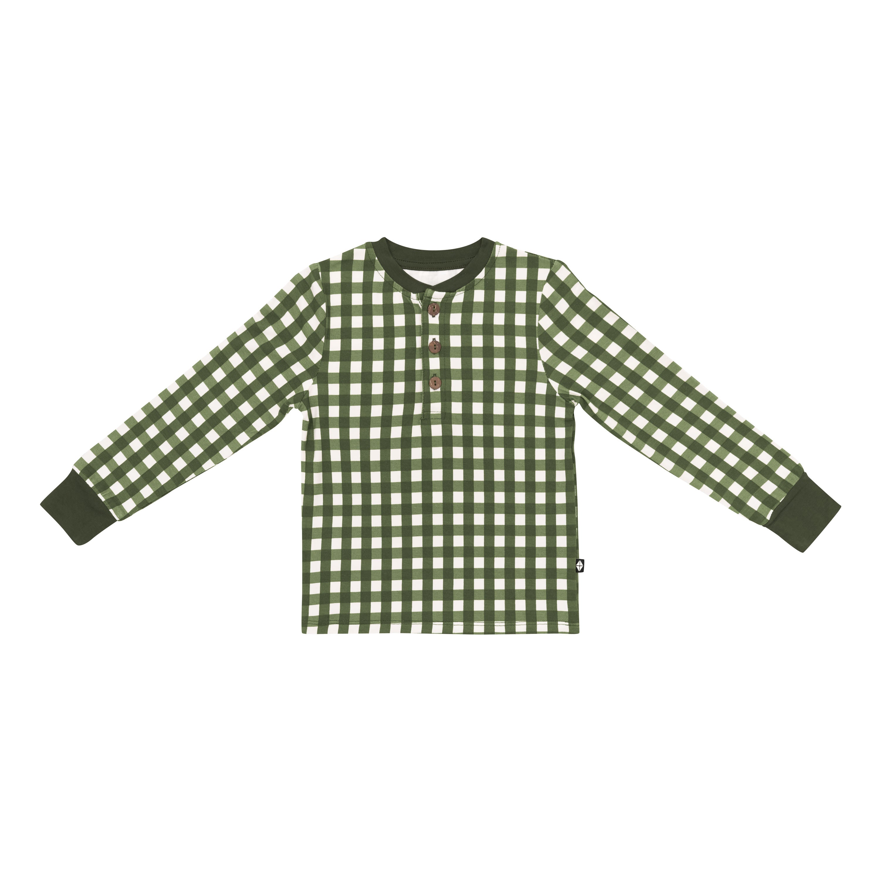 Product of the Long Sleeve Toddler Henley Tee in Gingham Fir showing the Fir accent neck trim and fir wrist cuffs
