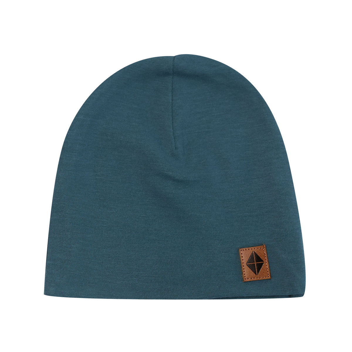 Bamboo Jersey Beanie in Atlantic with vegan leather tag