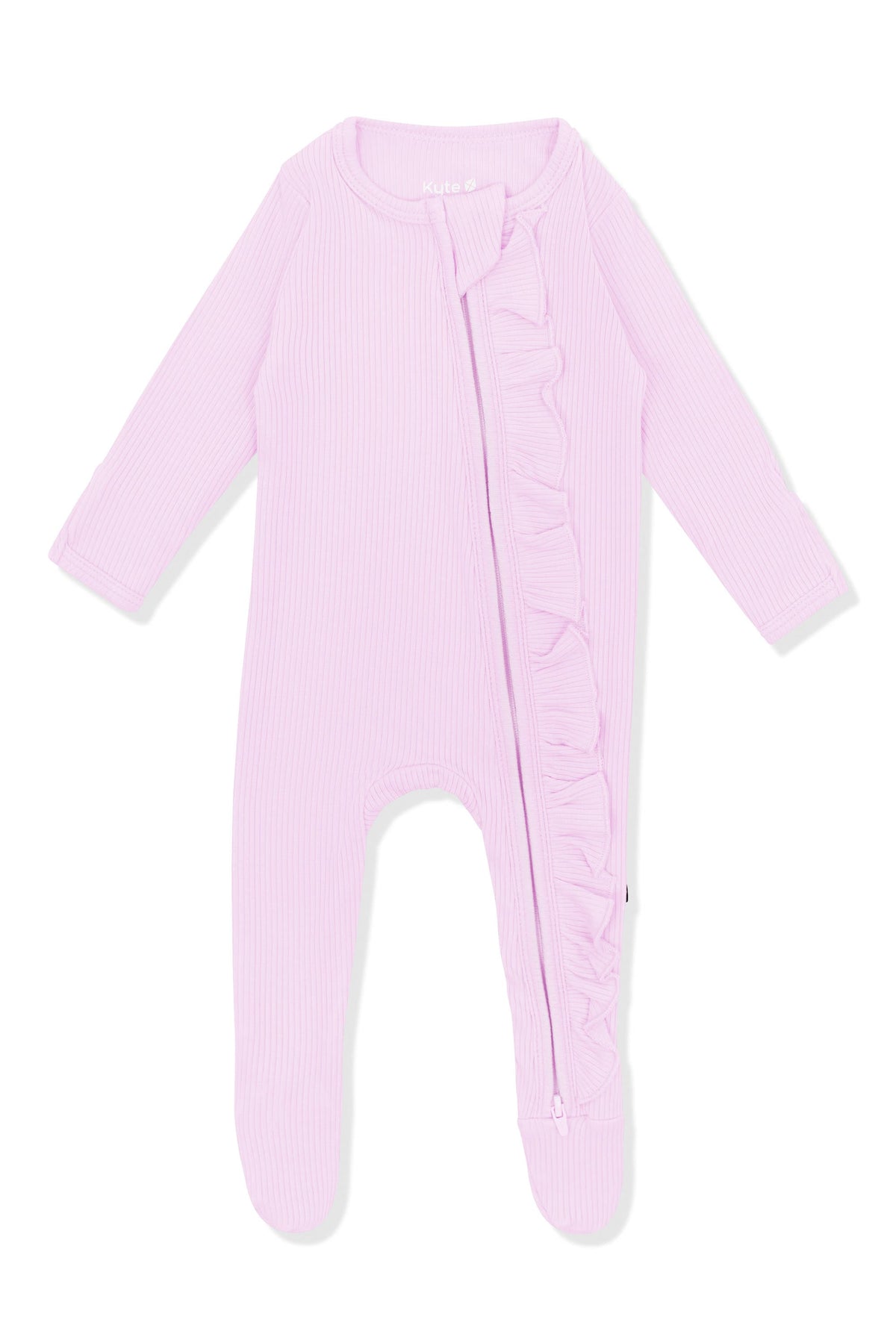Product photo of the Ribbed Ruffle Zipper Footie in Thistle on a white surface
