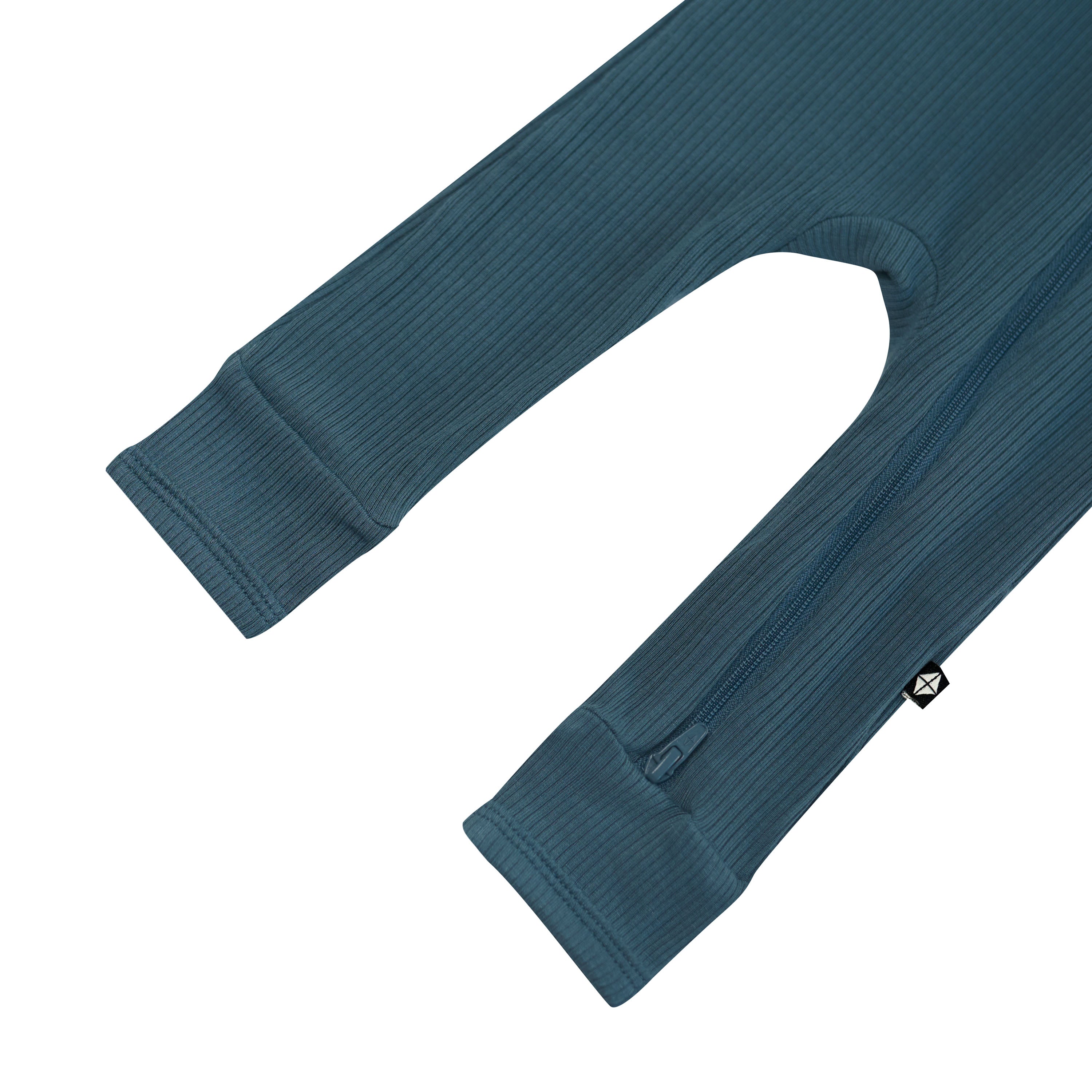Zipper shown on the leg of the Ribbed Zipper Romper in Atlantic