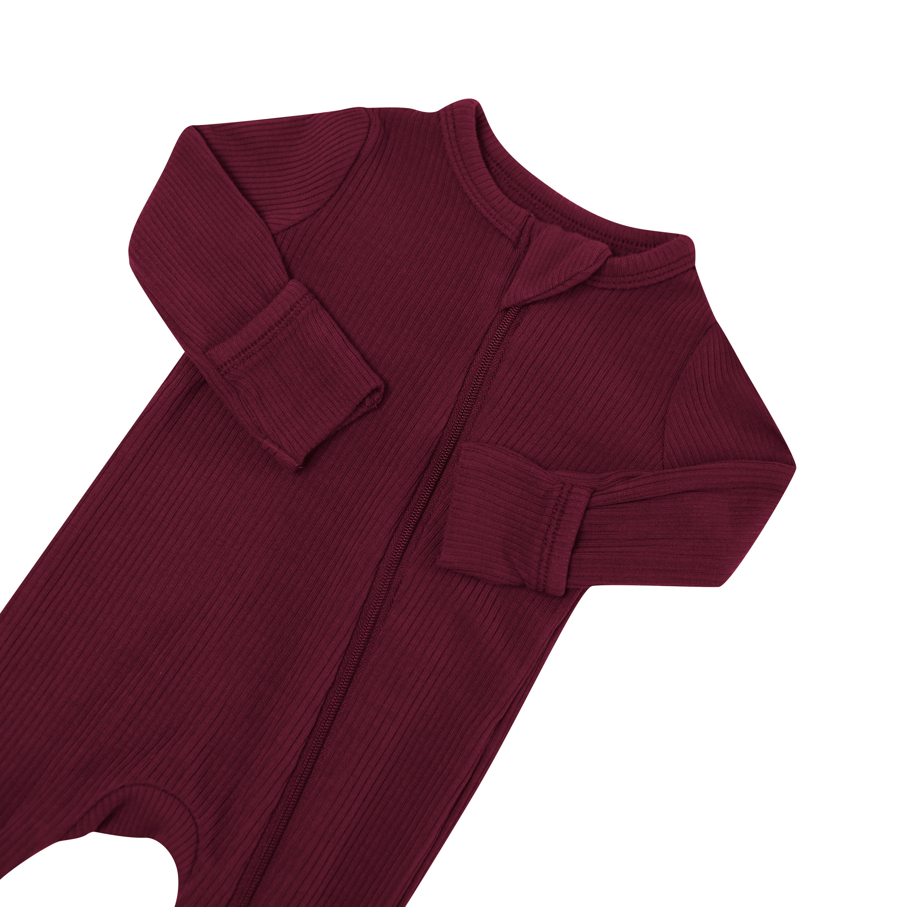 Zipper garage and fold over hand cuffs shown on the Ribbed Zipper Romper in Burgundy