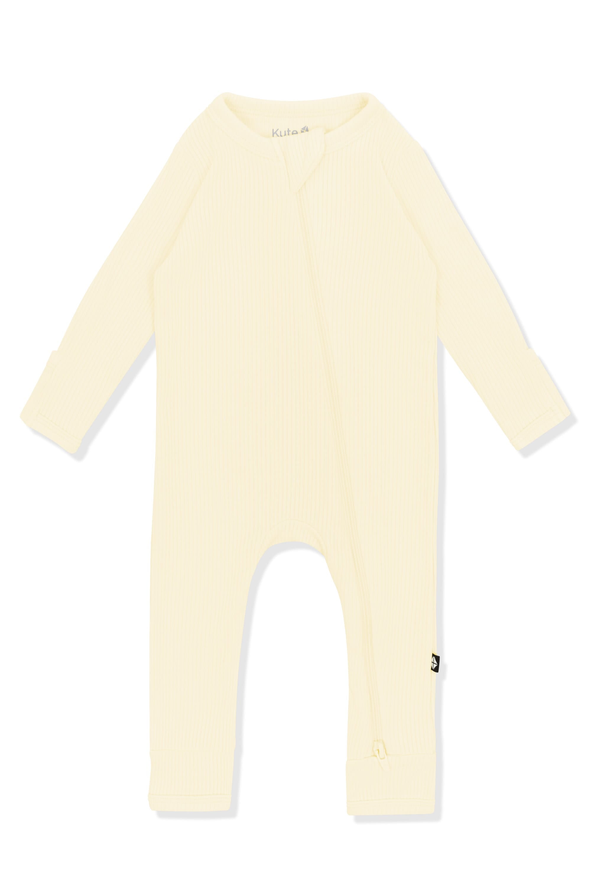 Product photo of the Ribbed Zipper Romper in Chamomile on a white background