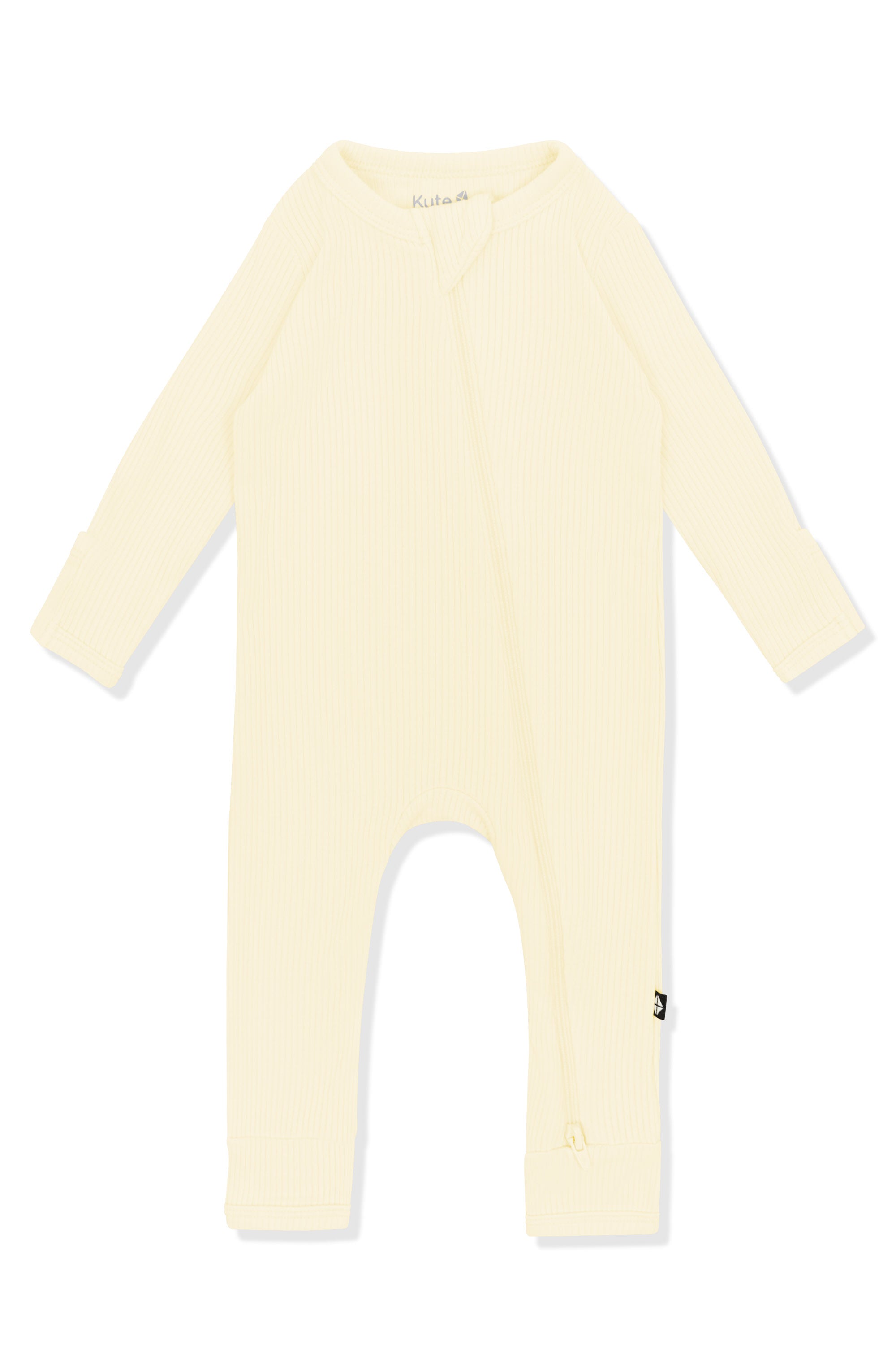 Product photo of the Ribbed Zipper Romper in Chamomile on a white background