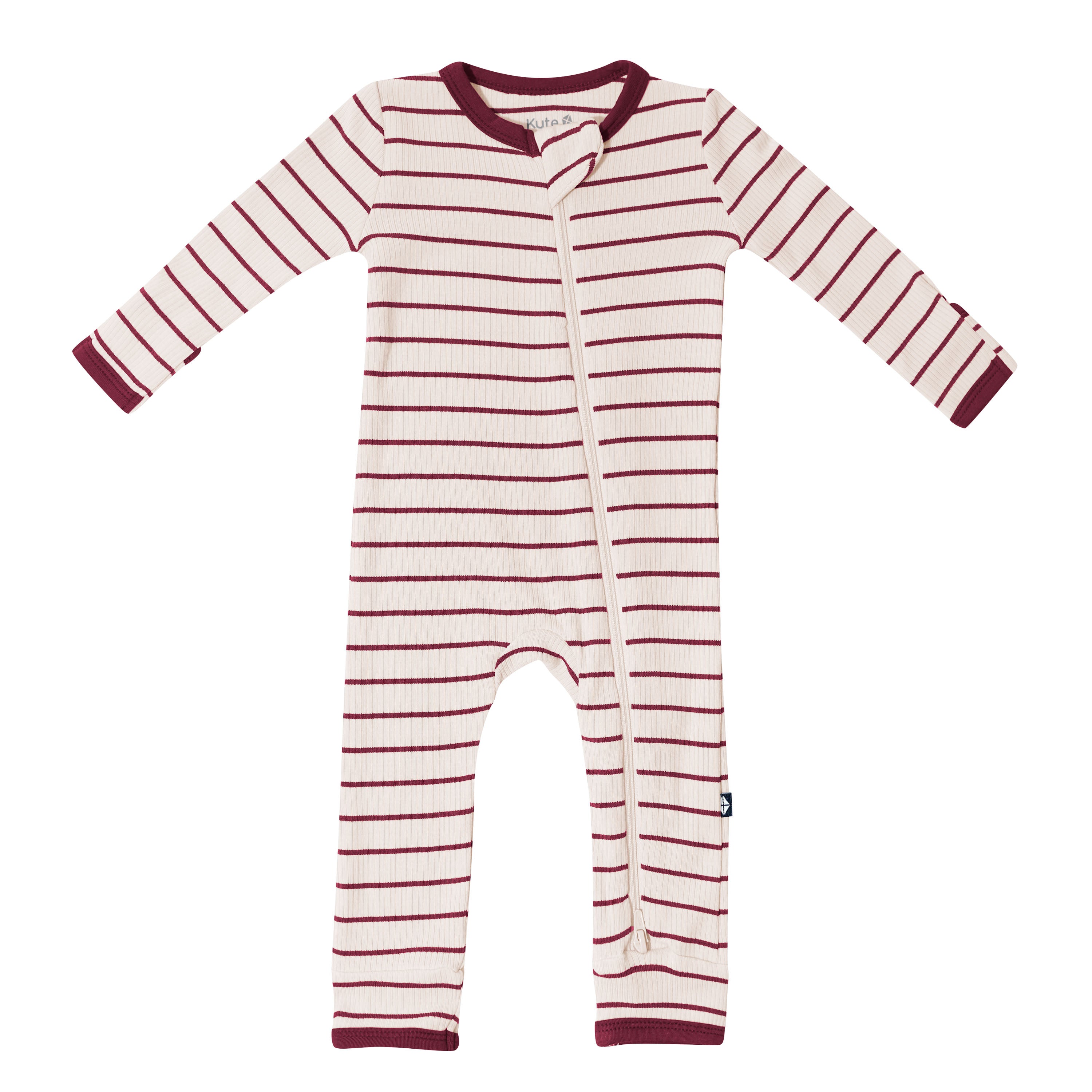 Product photo of the Ribbed Zipper Romper in Burgundy Stripe