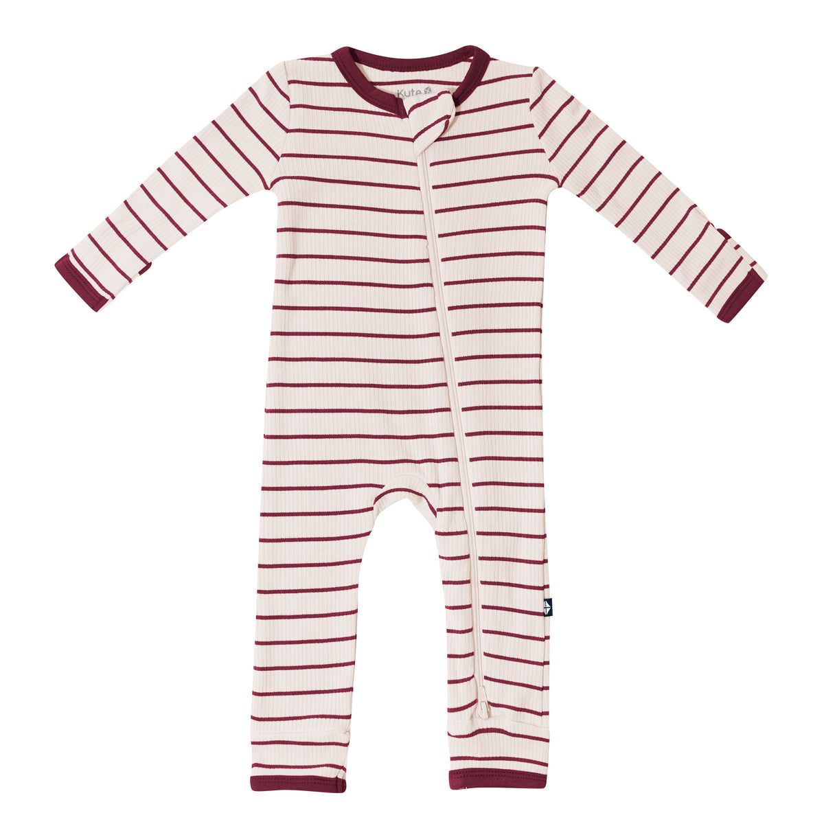Product photo of the Ribbed Zipper Romper in Burgundy Stripe