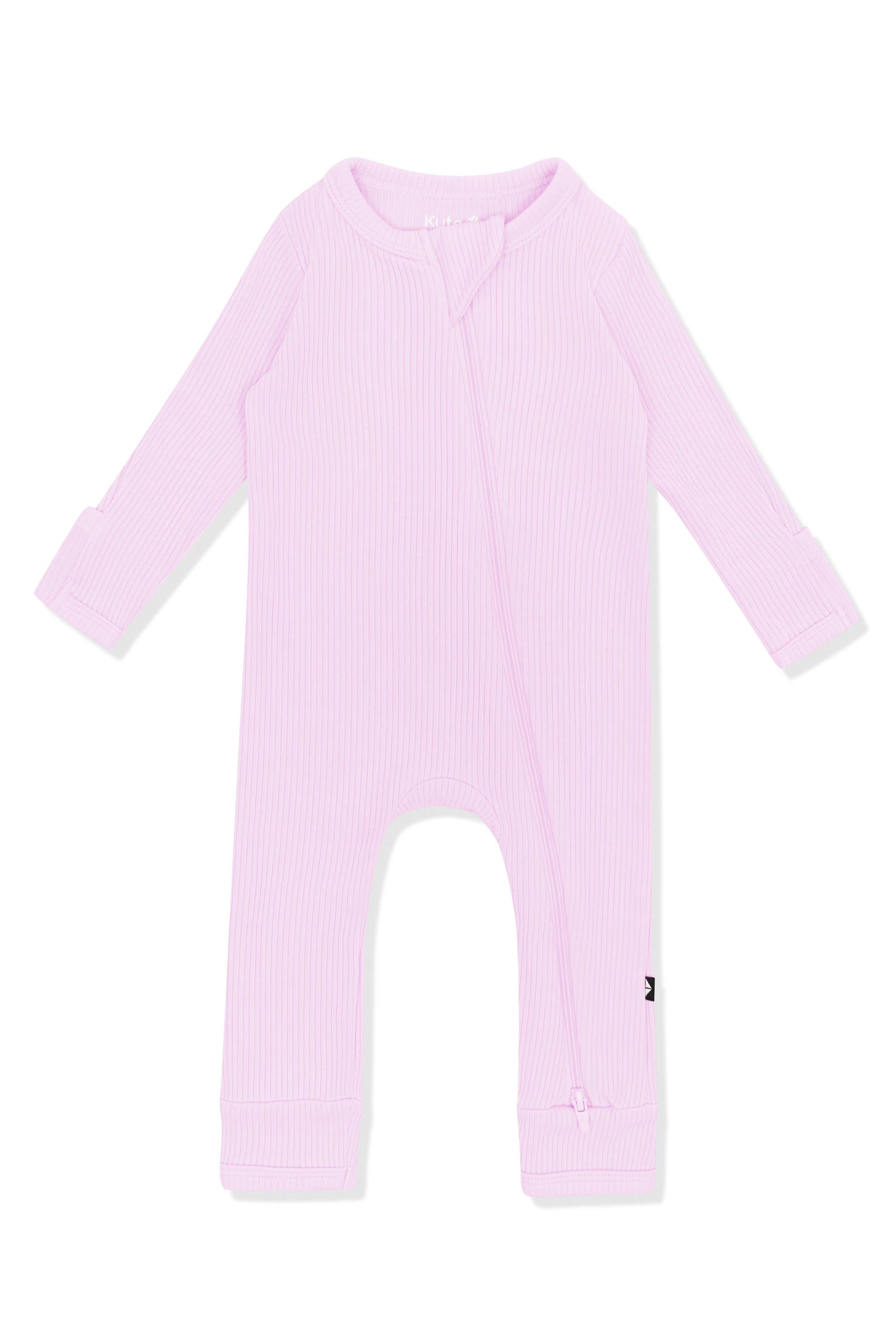 Product photo of the Ribbed Zipper Romper in Thistle shown on a white surface