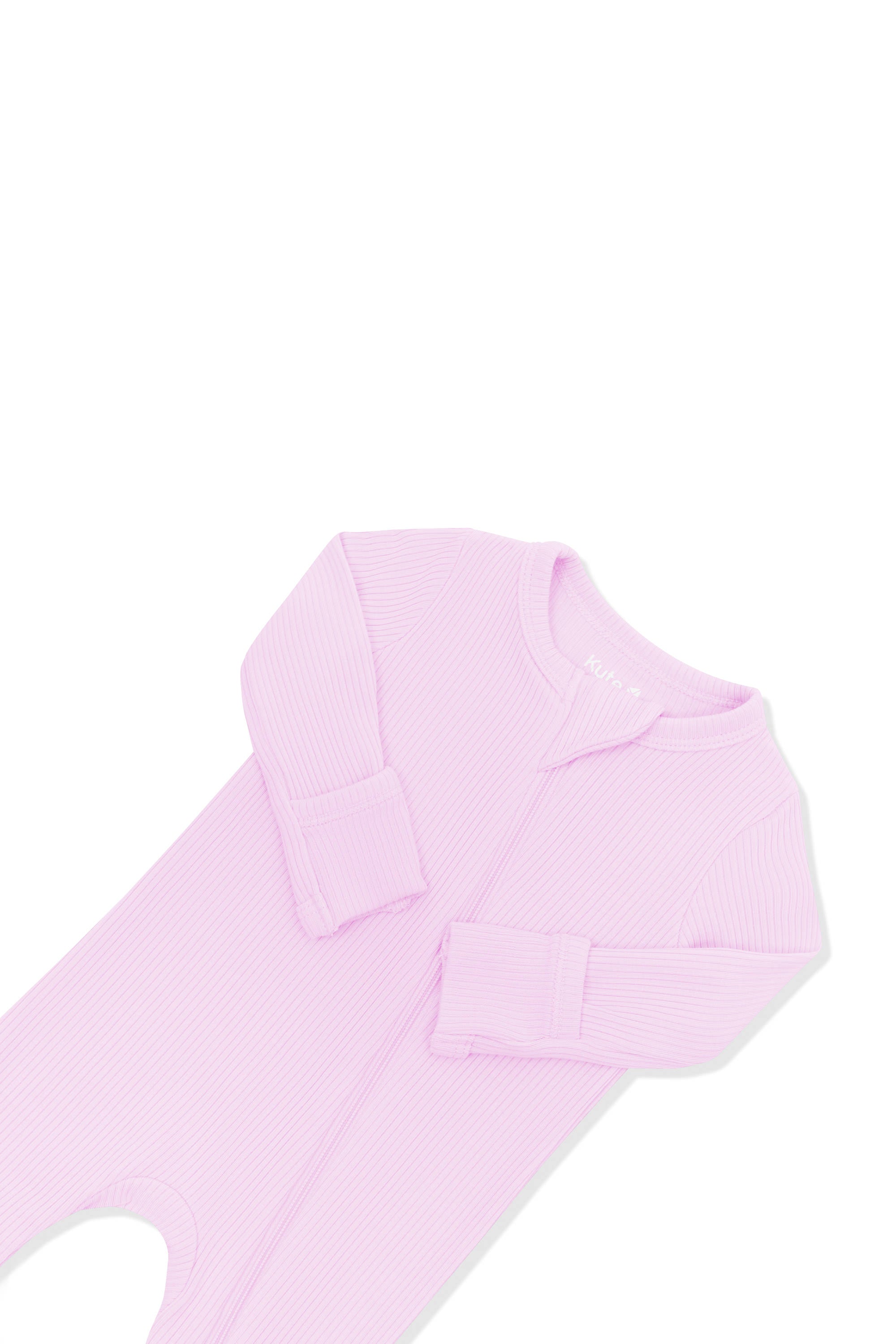 Close up of the zipper garage and fold over hand cuffs shown on the Ribbed Zipper Romper in Thistle