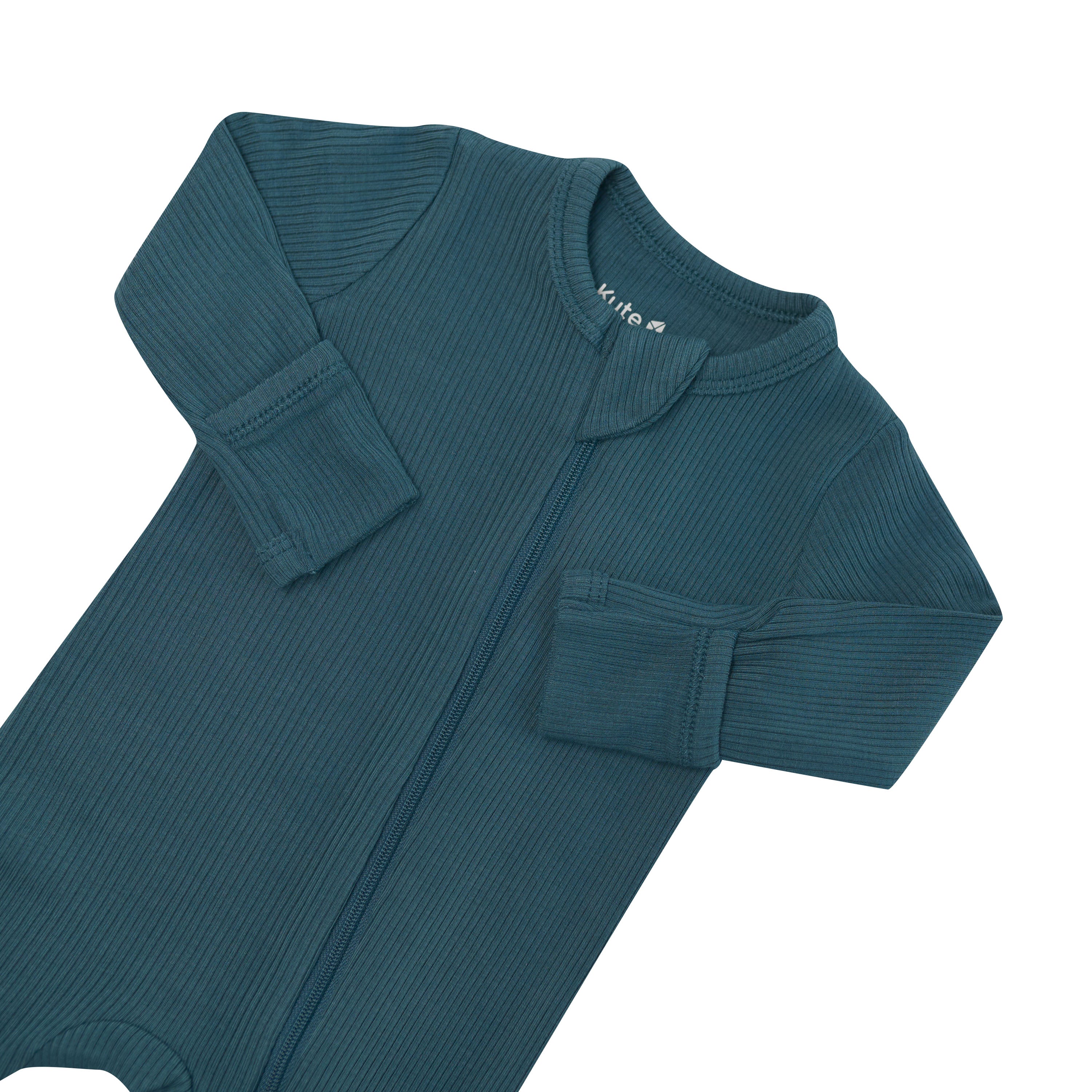 Close up of the zipper garage and fold over hand cuffs on the Ribbed Zipper Footie in Atlantic